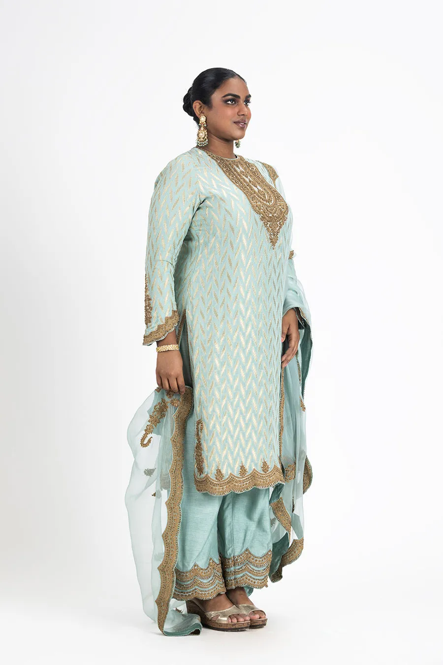 AQUA BENARSI KURTA RAW SILK PALAZO ORGANZA ODHINI