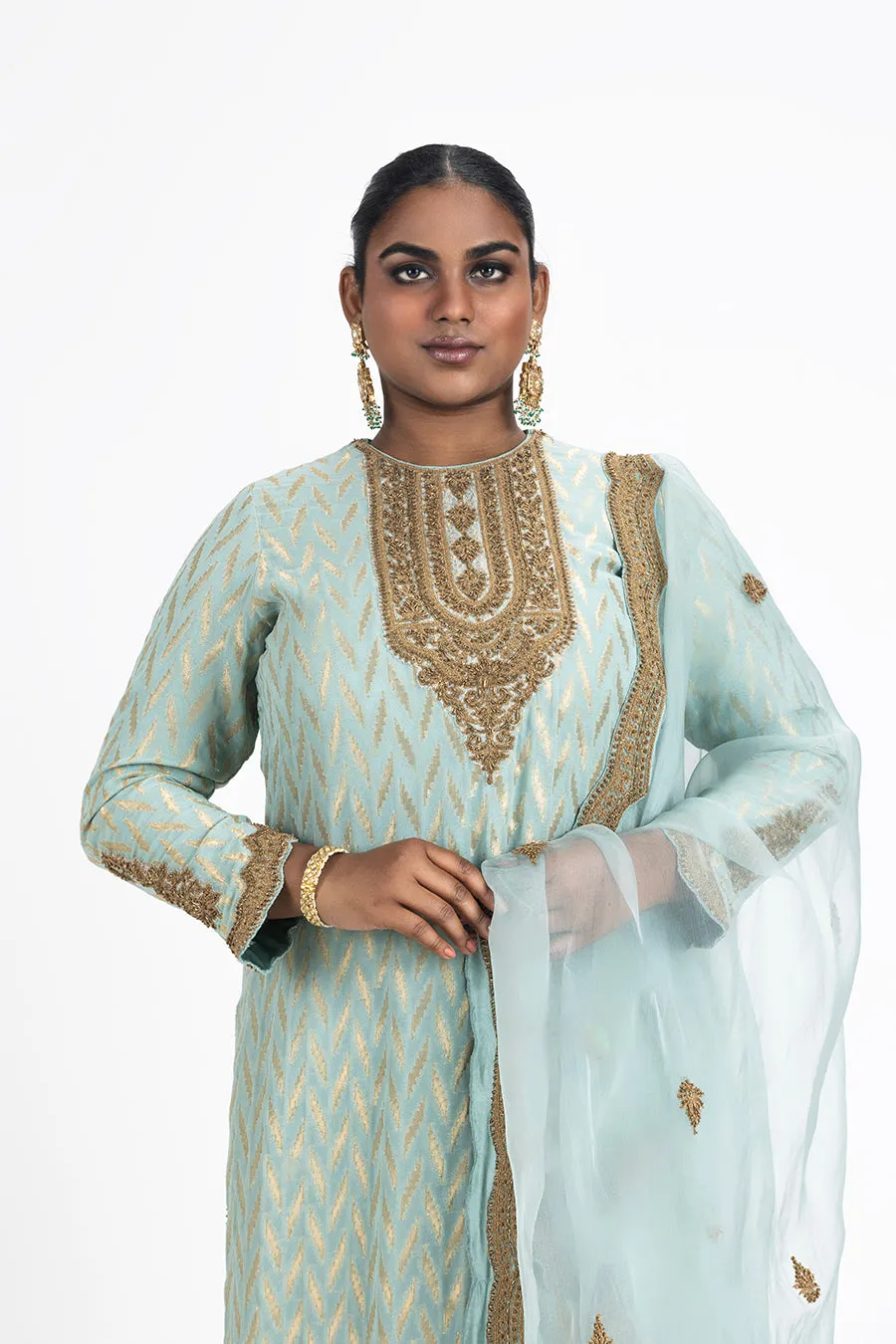 AQUA BENARSI KURTA RAW SILK PALAZO ORGANZA ODHINI