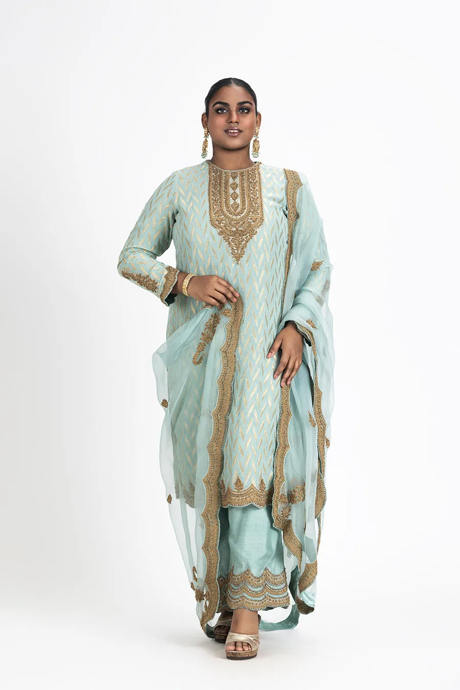 AQUA BENARSI KURTA RAW SILK PALAZO ORGANZA ODHINI