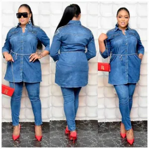 Beaded Button Collared Denim Jacket & Pants Sets