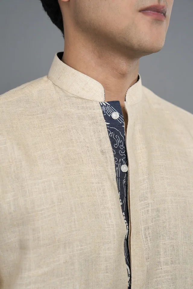 Beige Jute Linen With Denim Print Kurta Style Shalwar Kameez SQ-420 (4)