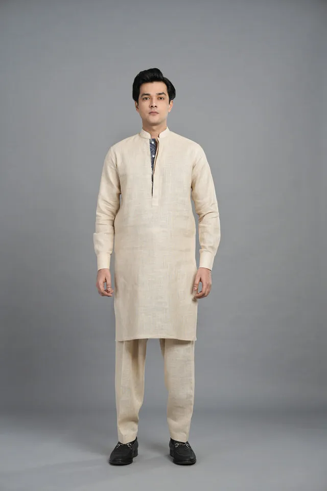 Beige Jute Linen With Denim Print Kurta Style Shalwar Kameez SQ-420 (4)