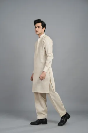 Beige Jute Linen With Denim Print Kurta Style Shalwar Kameez SQ-420 (4)