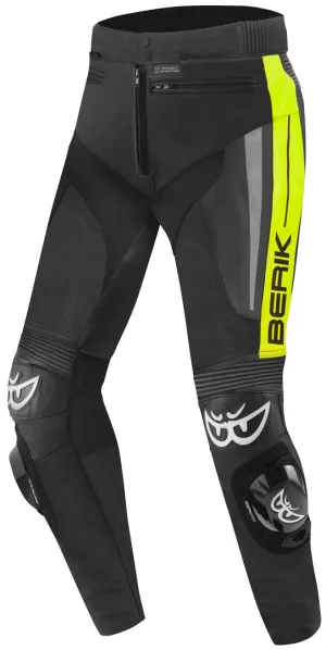 Berik Kendo Motorcycle Leather Pants with Knee Protection, Black/Neon