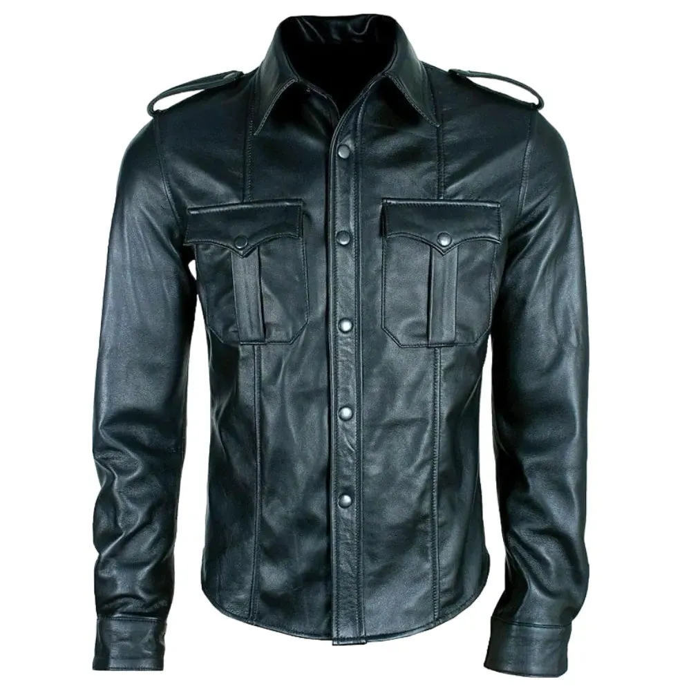 Black Buttoned Long Sleeve Leather Shirt