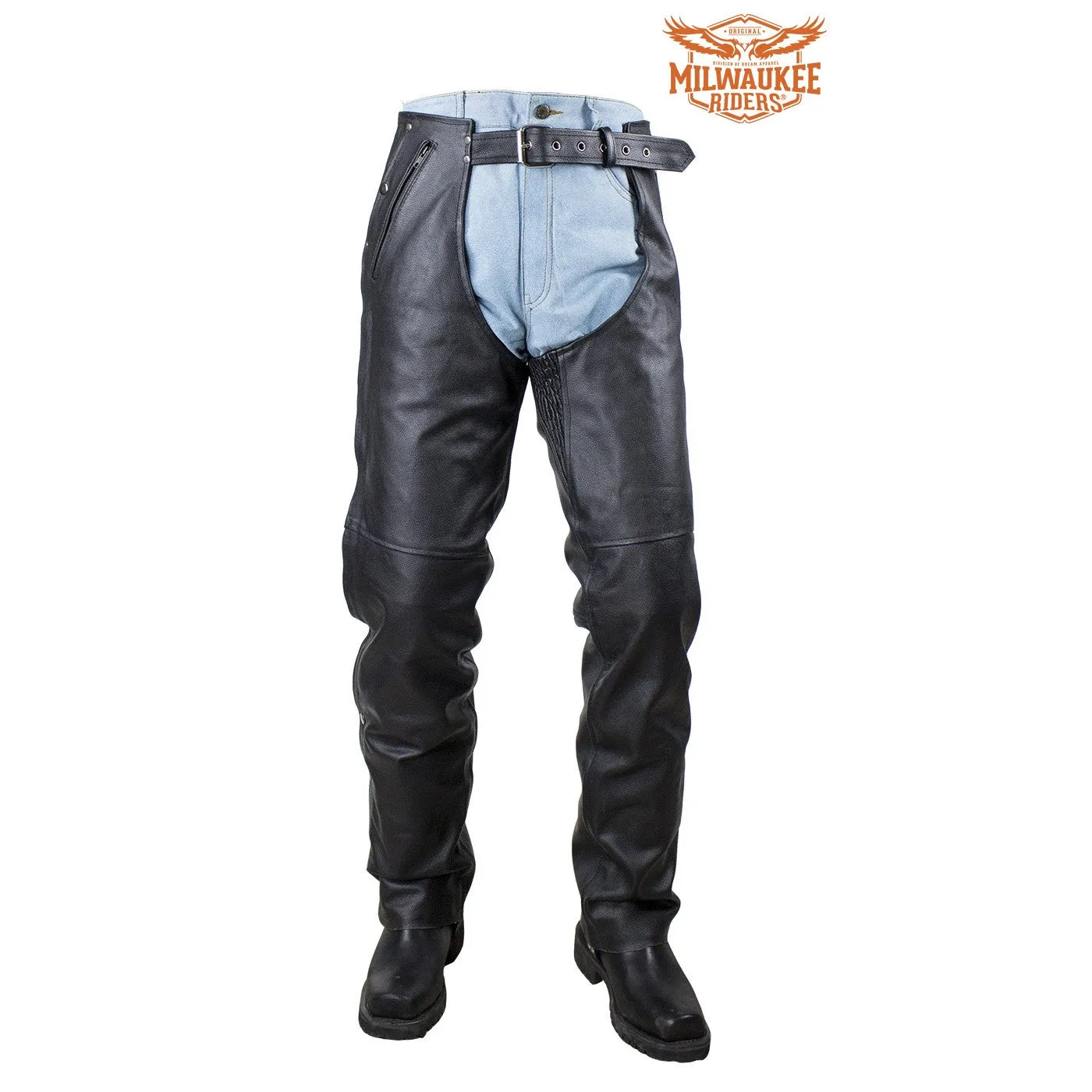 Black Multi-Pocket Naked Cowhide Leather Chaps By Milwaukee Riders