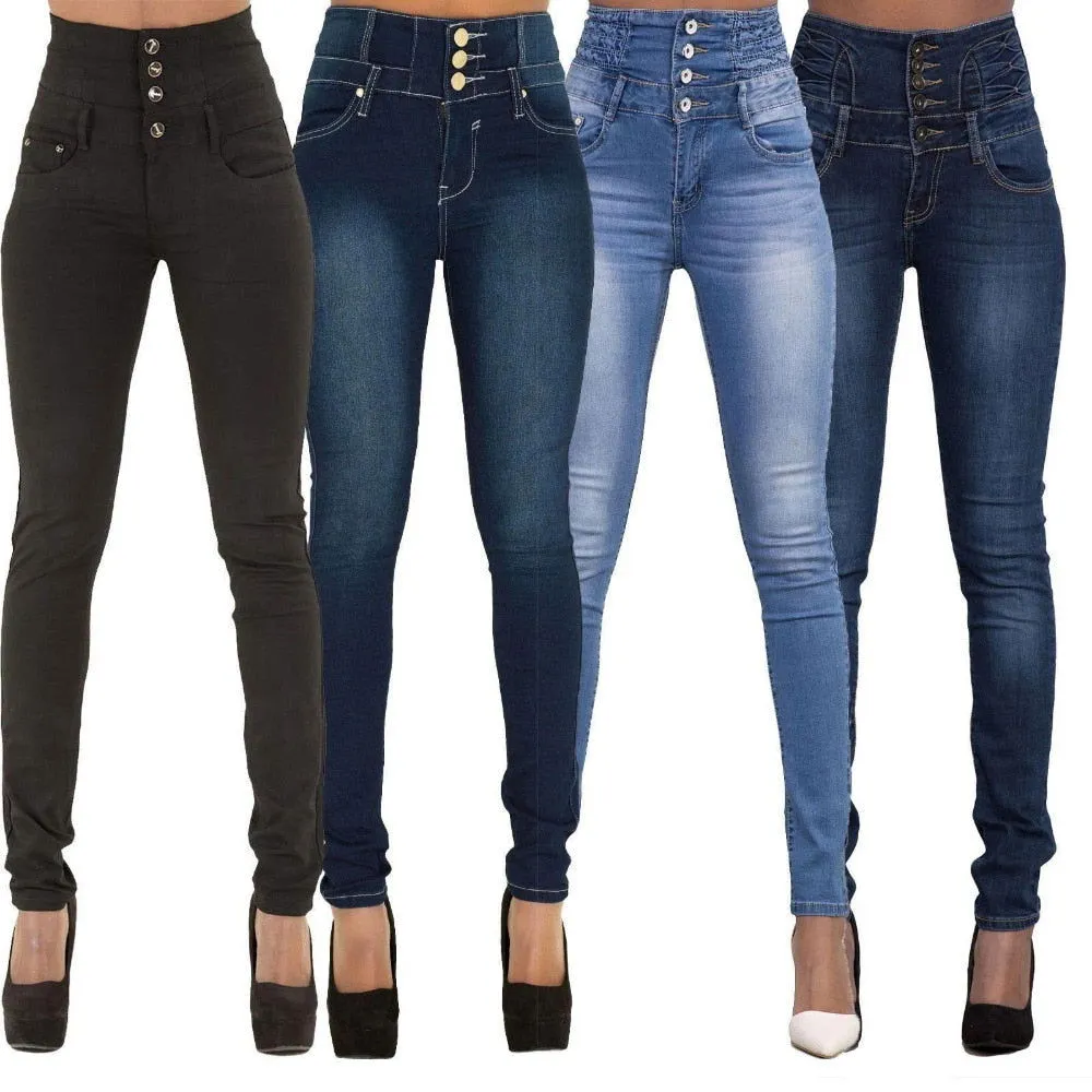 Button Decor High Rise Stretchy Pencil Denim Jeans