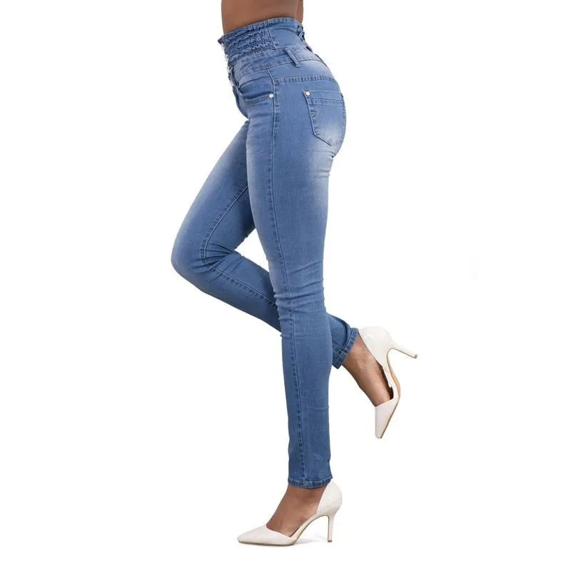 Button Decor High Rise Stretchy Pencil Denim Jeans