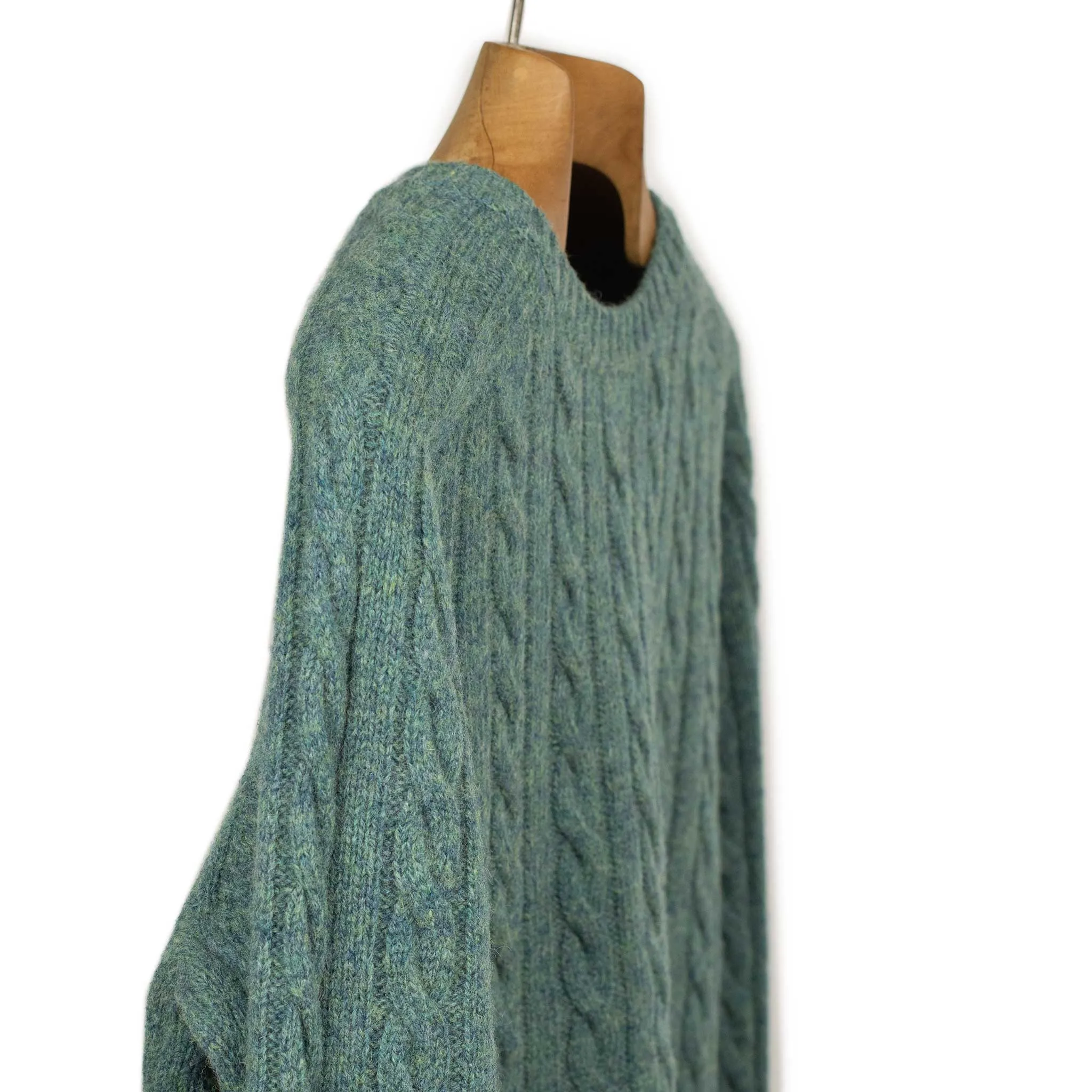 Cable crewneck sweater in sea green wool