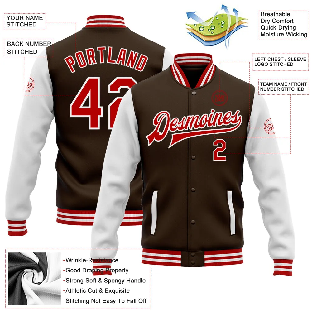 Custom Brown Red-White Bomber Full-Snap Varsity Letterman Two Tone Jacket