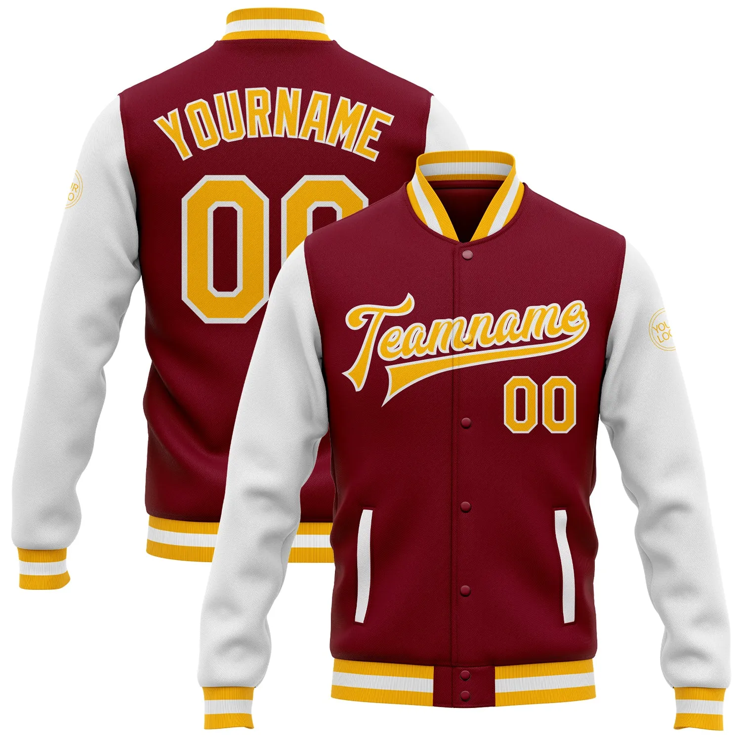 Custom Crimson Gold-White Bomber Full-Snap Varsity Letterman Two Tone Jacket