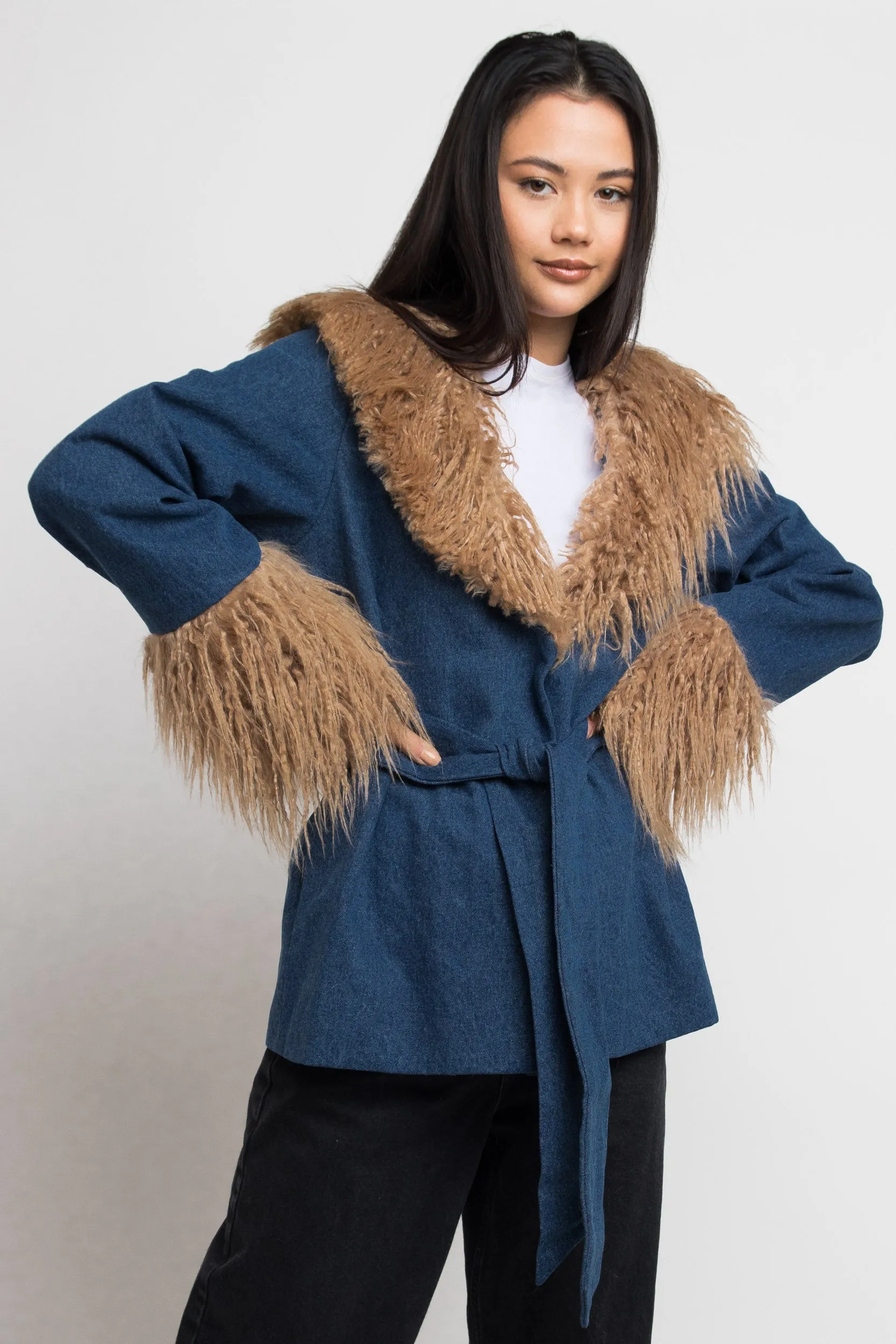 Daisy Street Denim Coat With Faux fur Detail