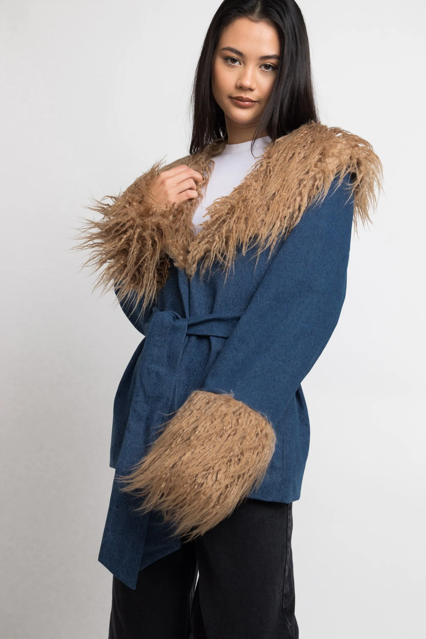 Daisy Street Denim Coat With Faux fur Detail