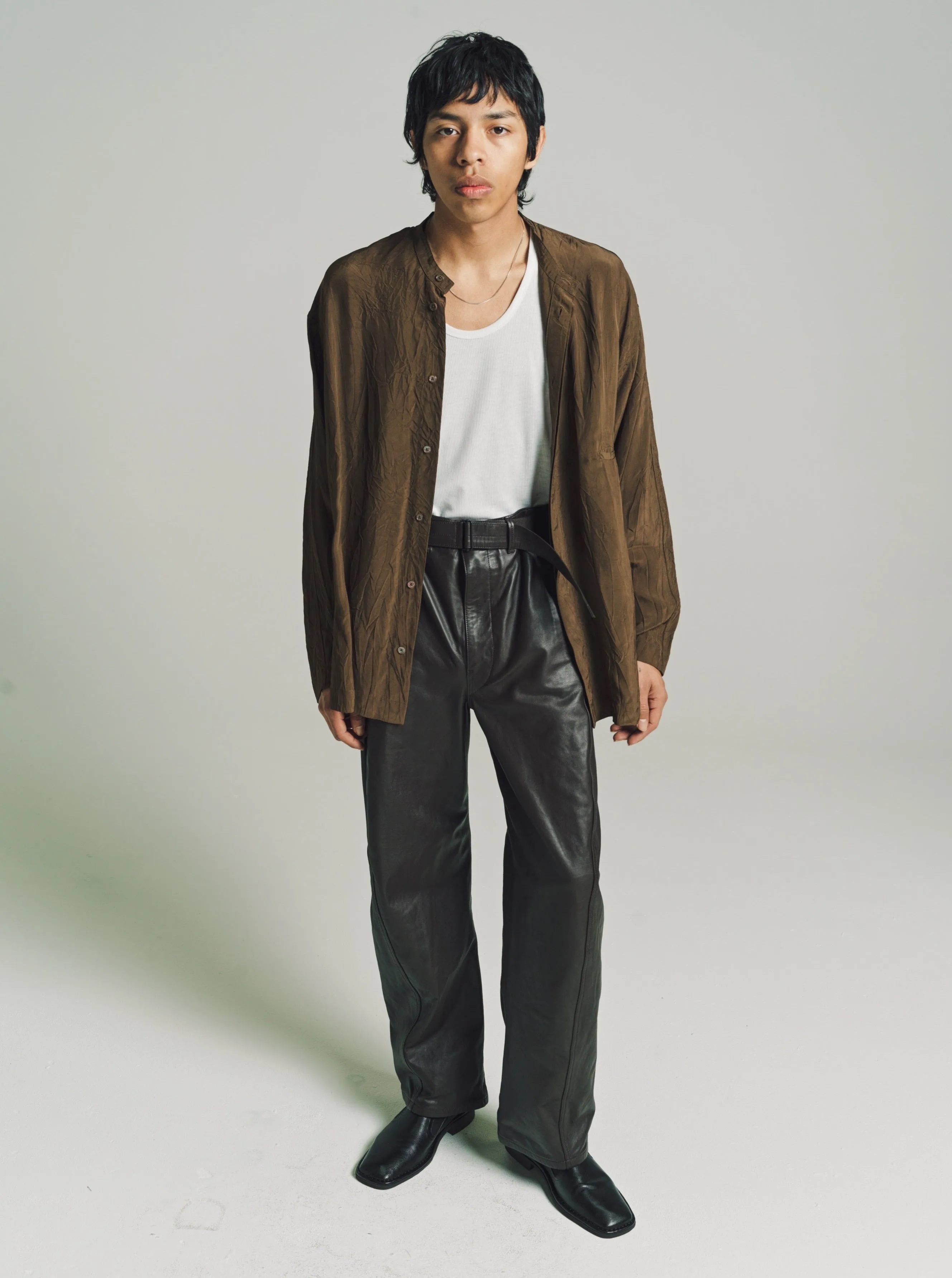 Dark Brown Leather Belted Pants