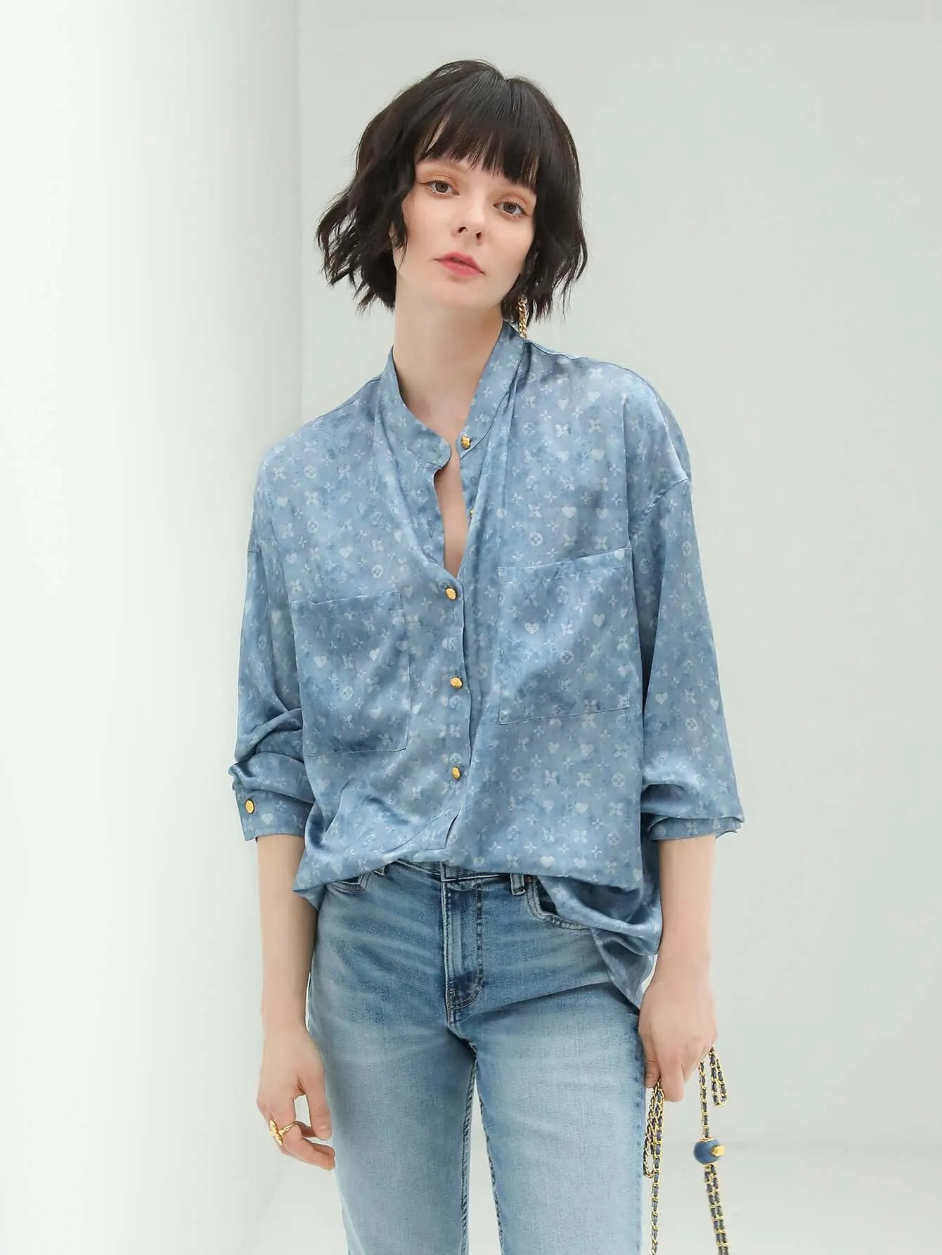 Denim Blue Monogram Silk Satin Shirt