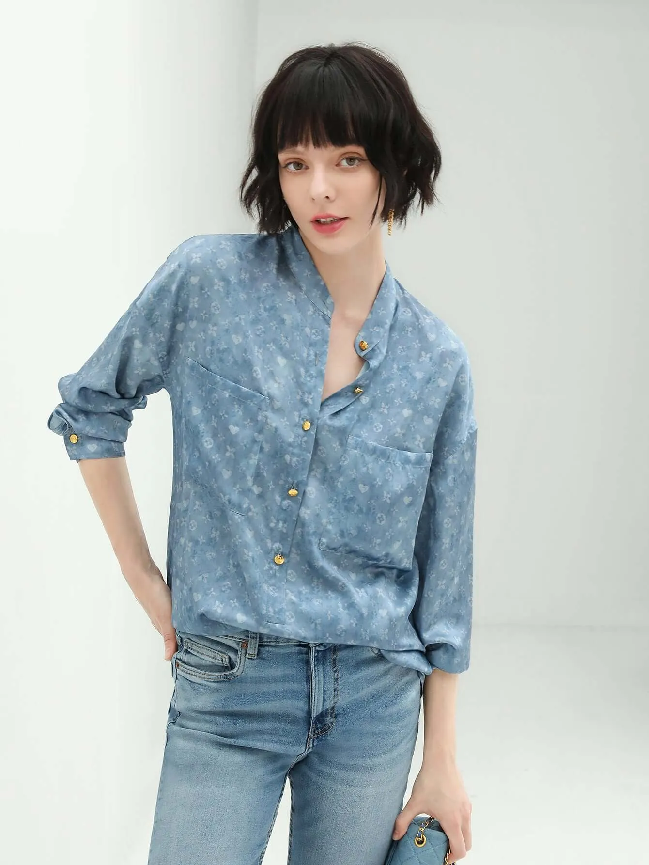 Denim Blue Monogram Silk Satin Shirt