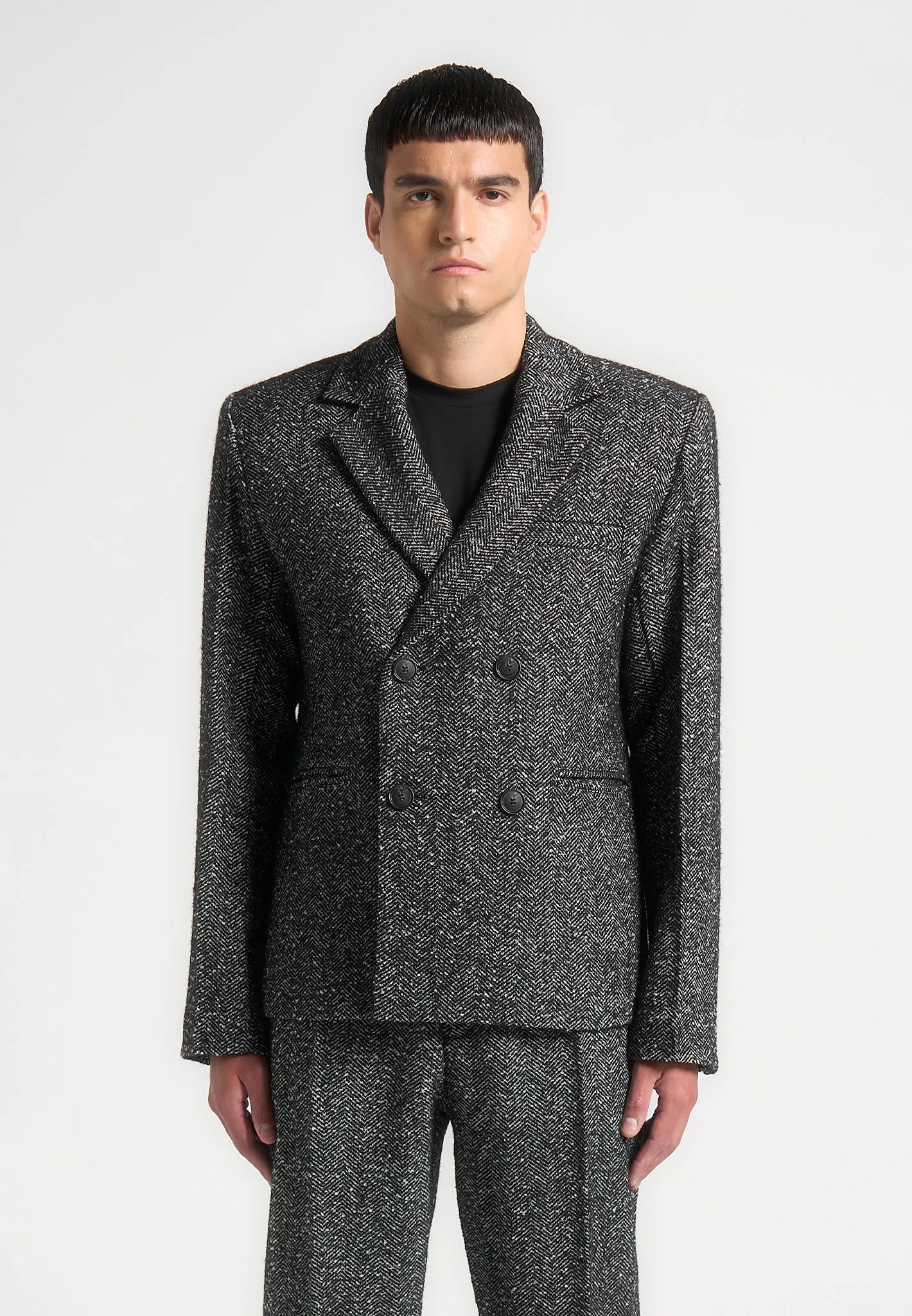 Double Breasted Herringbone Wool Blend Suit Jacket - Black