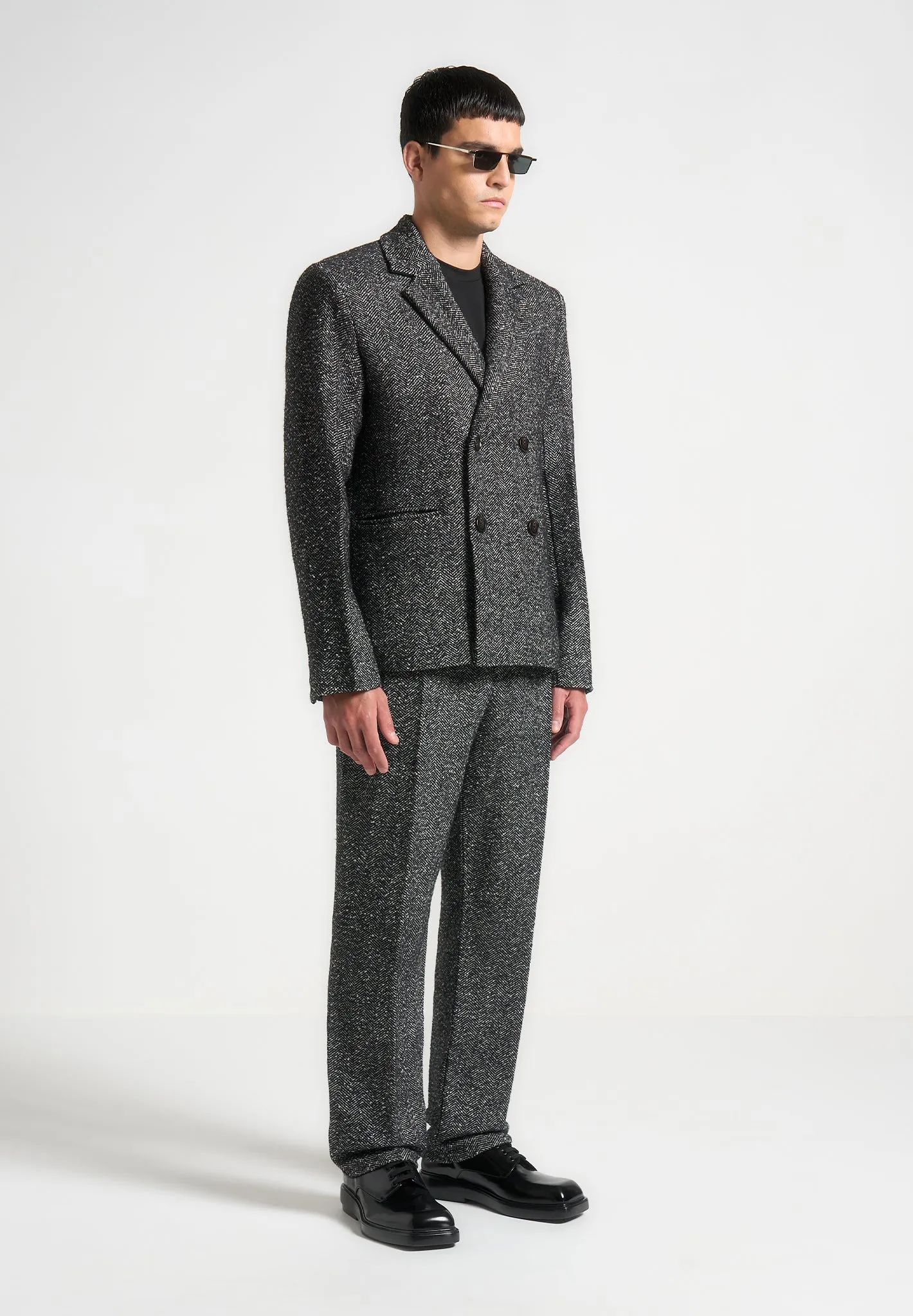 Double Breasted Herringbone Wool Blend Suit Jacket - Black