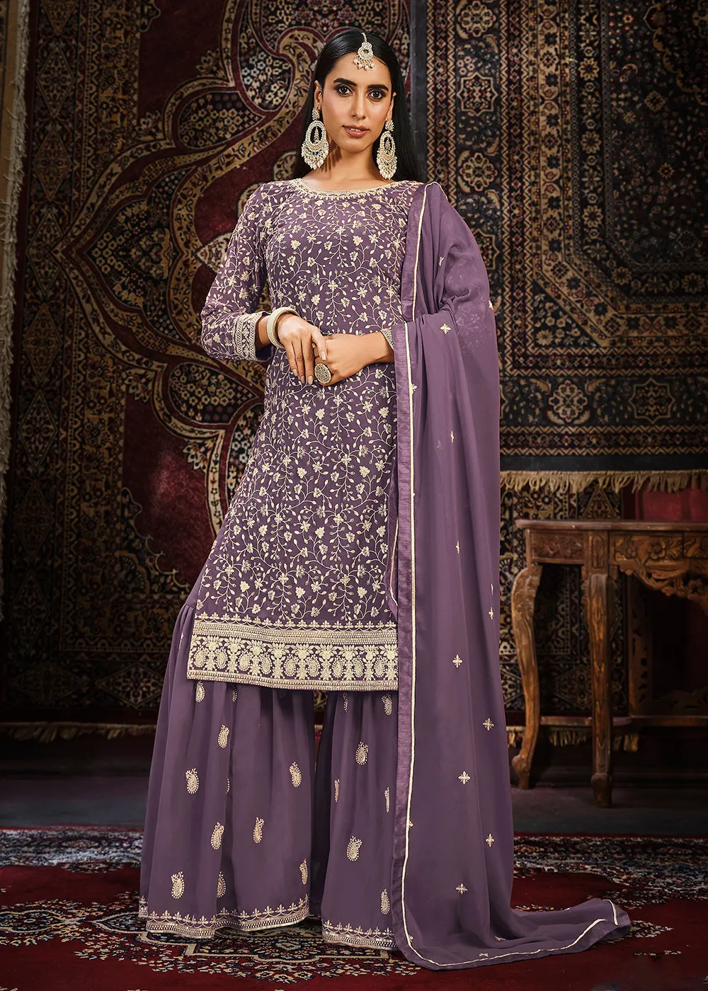 Festive Purple Color Faux Georgette Palazzo Salwar Suit