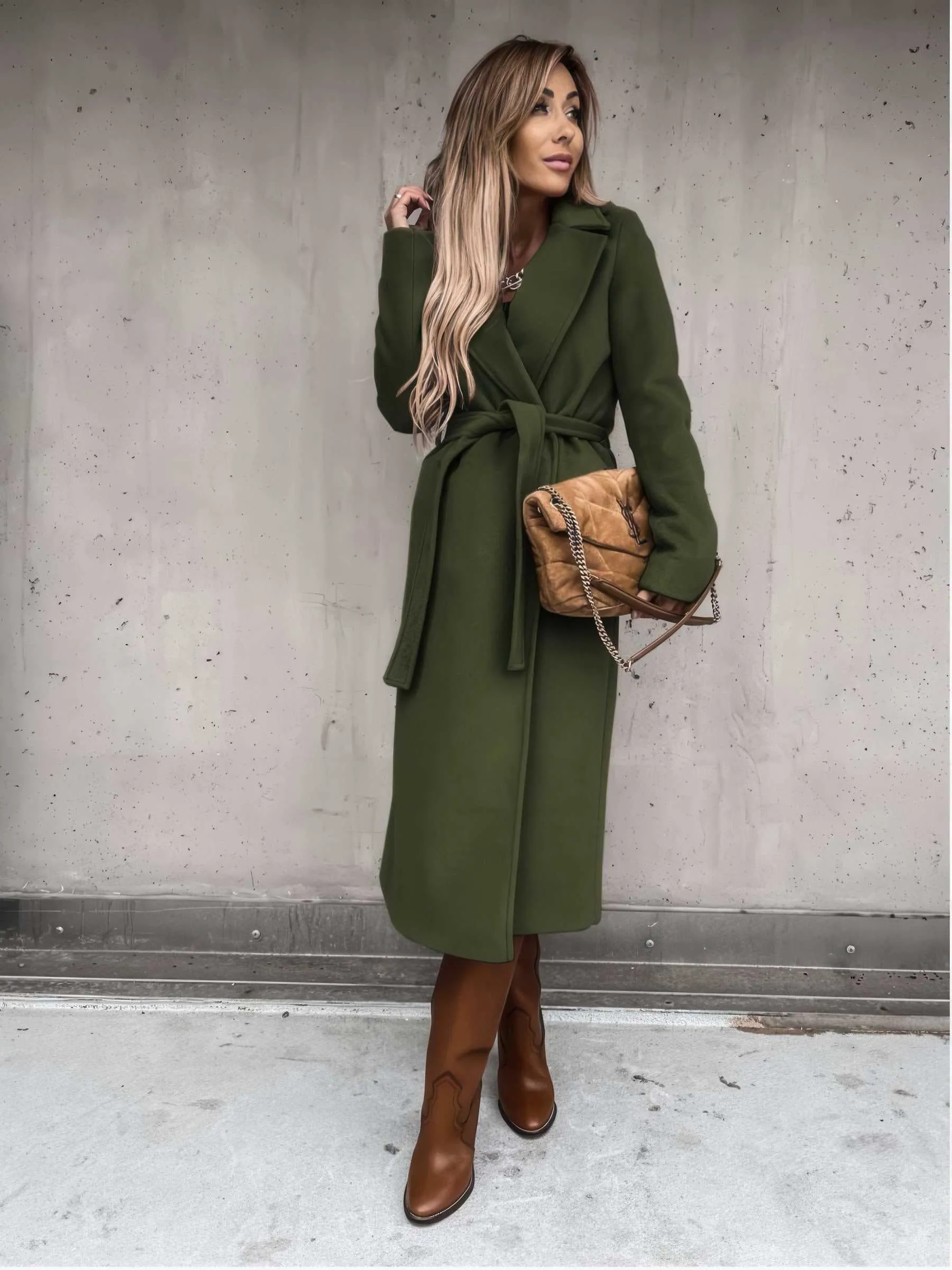 Glow Chic's V-Neck Woolen Coat – Simple, Fashionable Lace-Up Long Coat