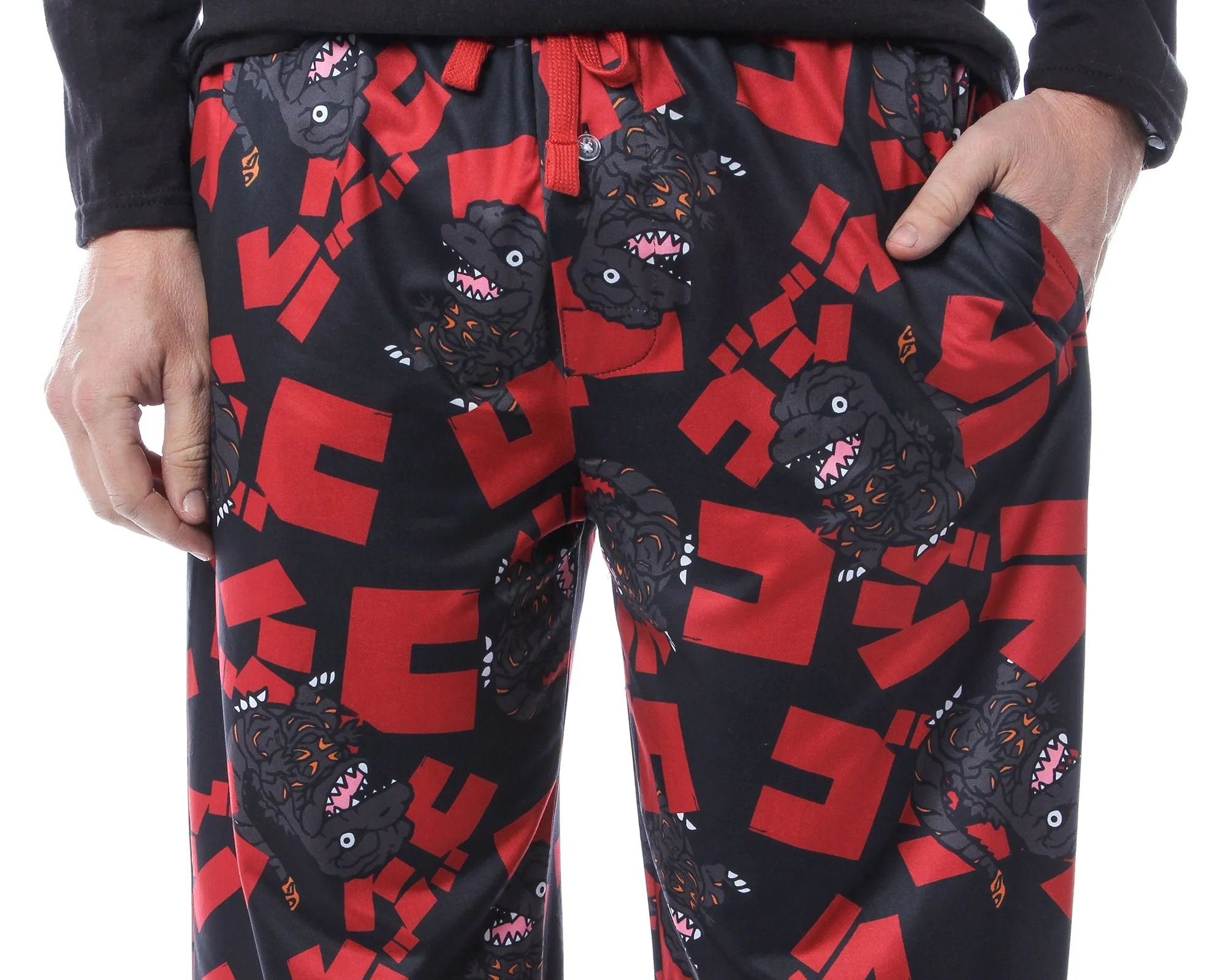 Godzilla Men's Character And Japanese Script Allover Pattern Pajama Pants