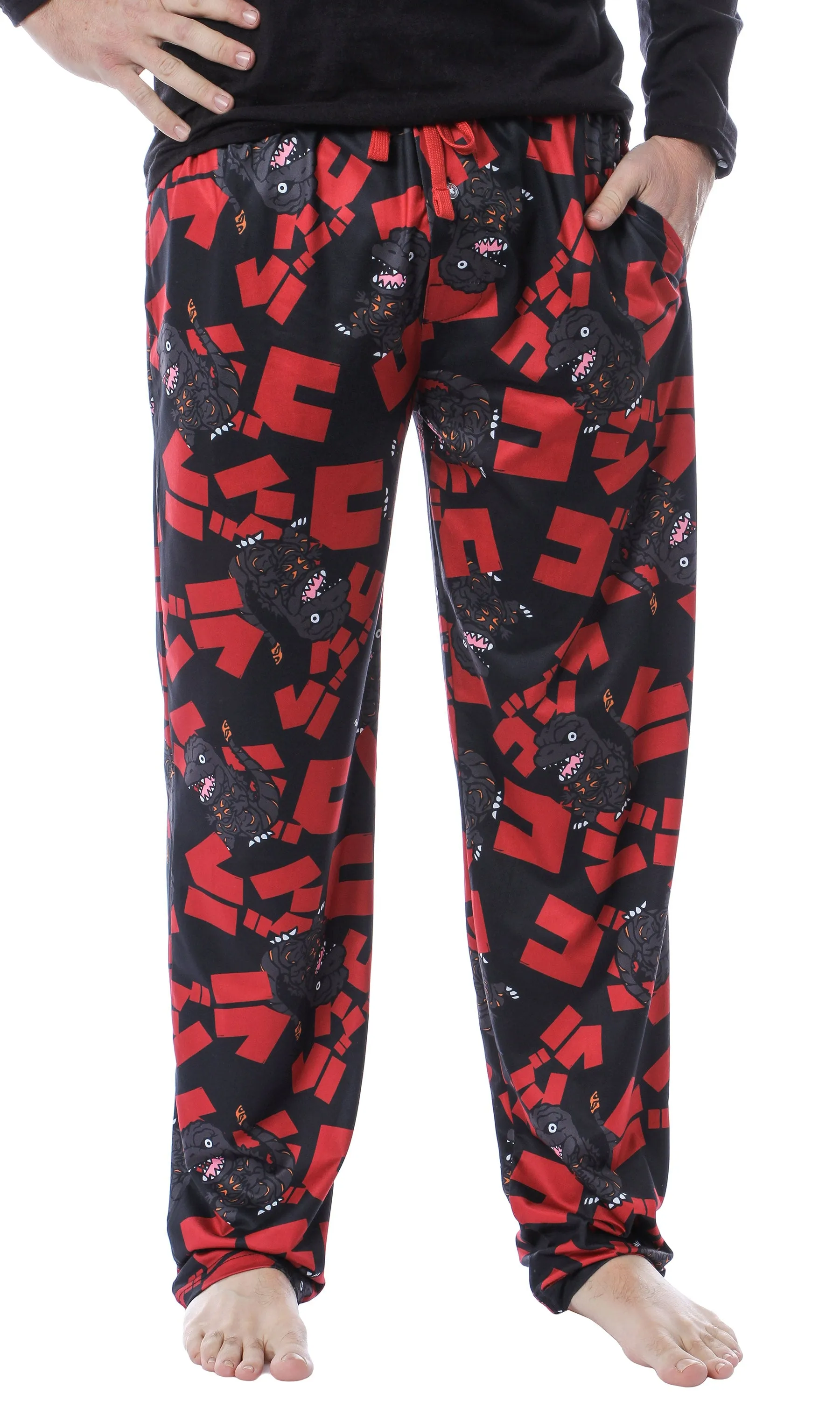 Godzilla Men's Character And Japanese Script Allover Pattern Pajama Pants