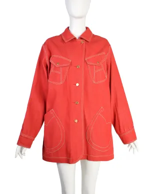 Hermes Vintage 1980s Horseshoe Pocket Oversized Red Denim Jacket