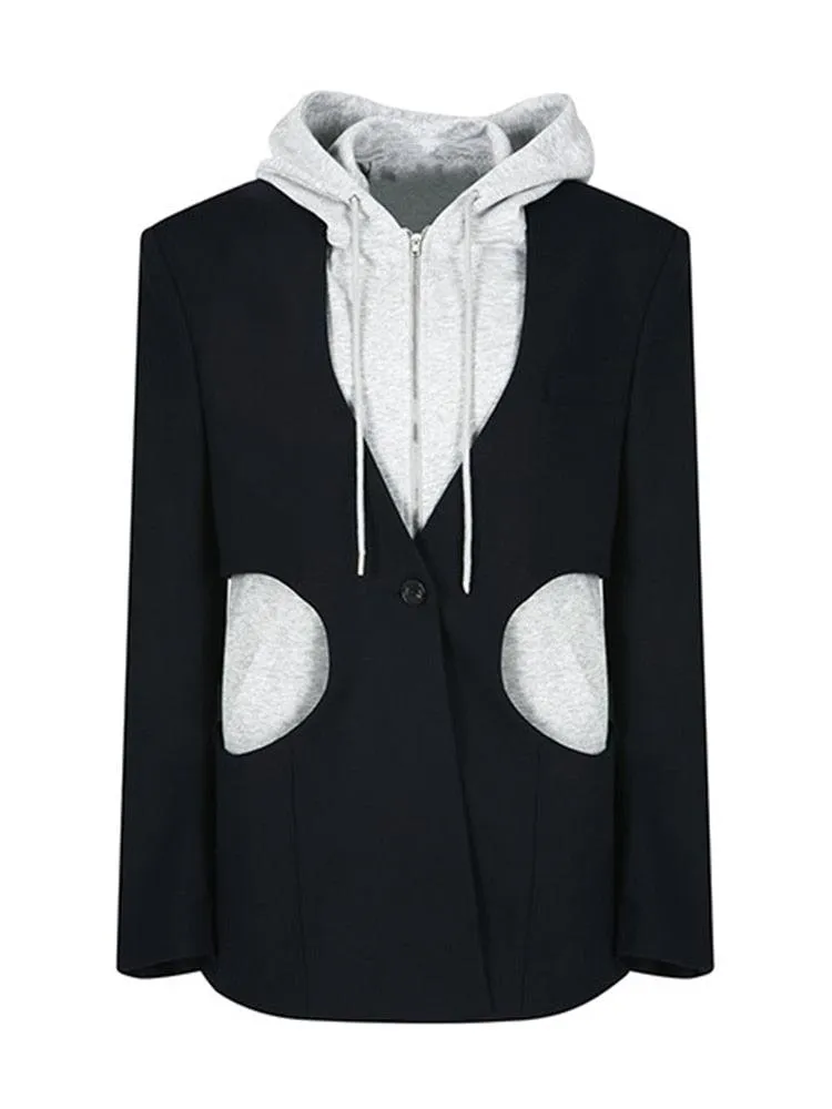 Hooded Abstract Patchwork Blazer with Cut Out Pocket Detail