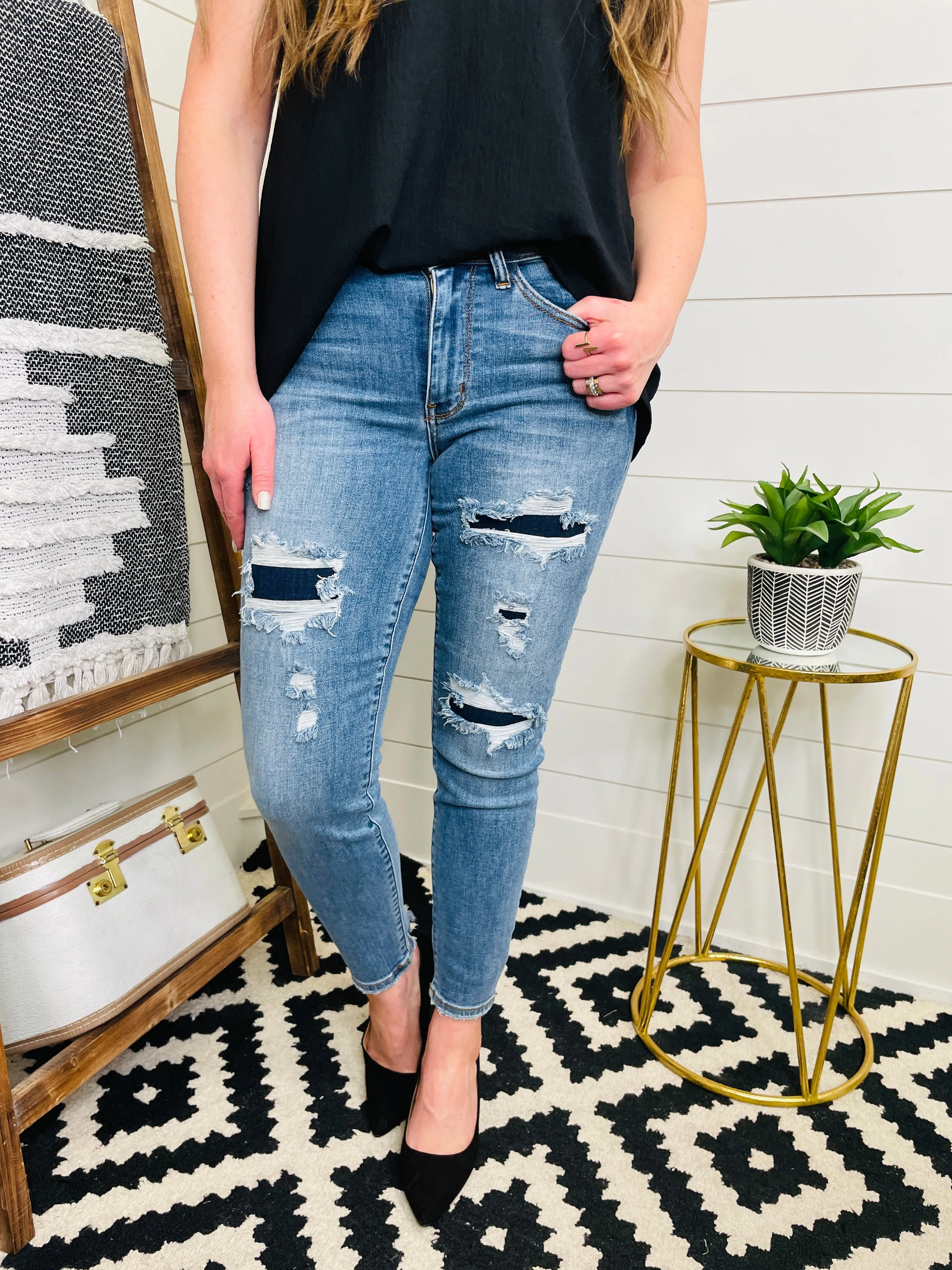 Judy Blue Rosie Mid Rise Patch Skinny Jeans