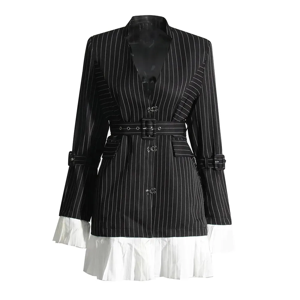 Korean Blazer For Women Notched Collar Long Sleeve Single Breasted Patchwork Colorblock Striped Blazers Female