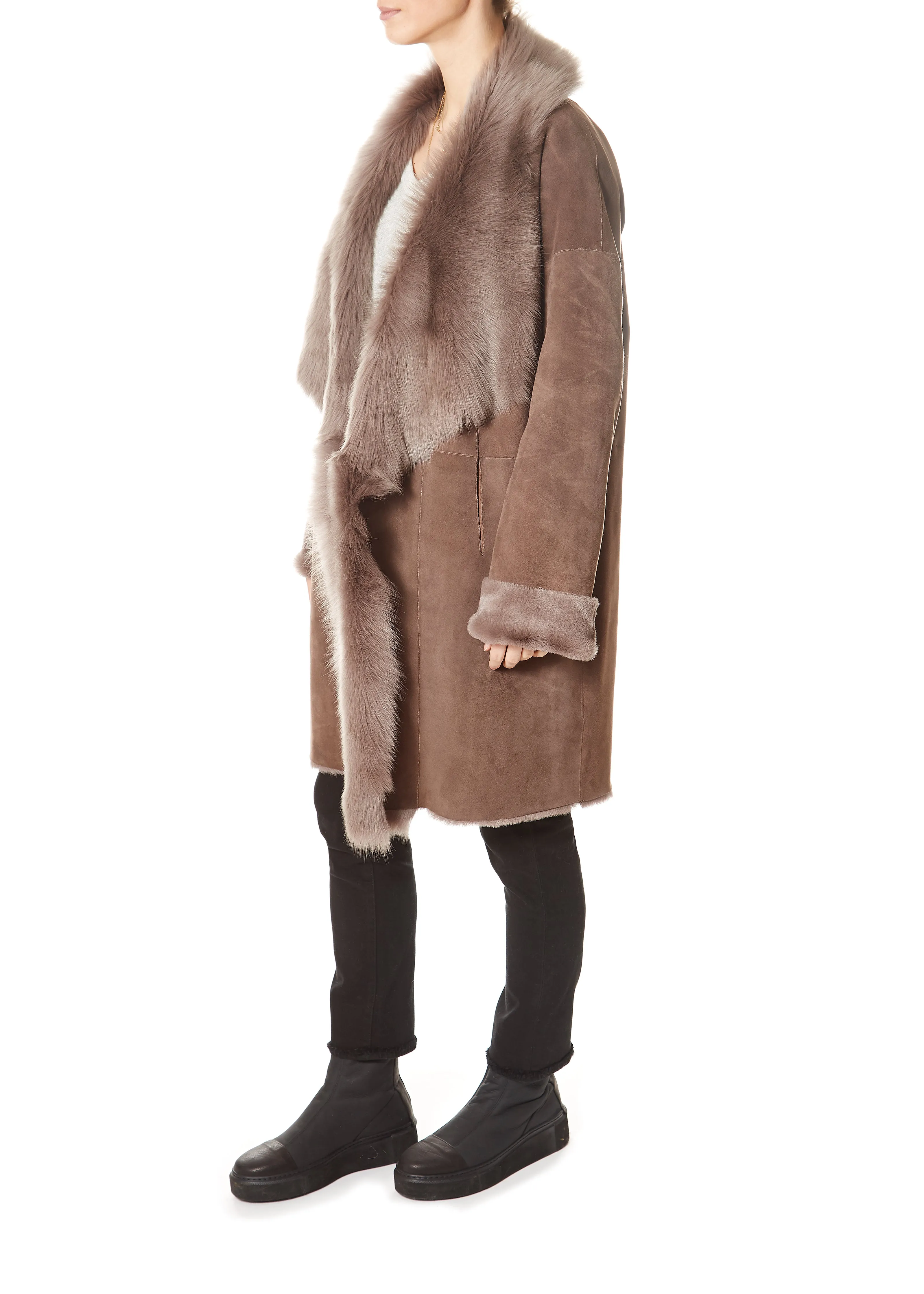 Loose New Taupe Shawl Collar Sheepskin Coat