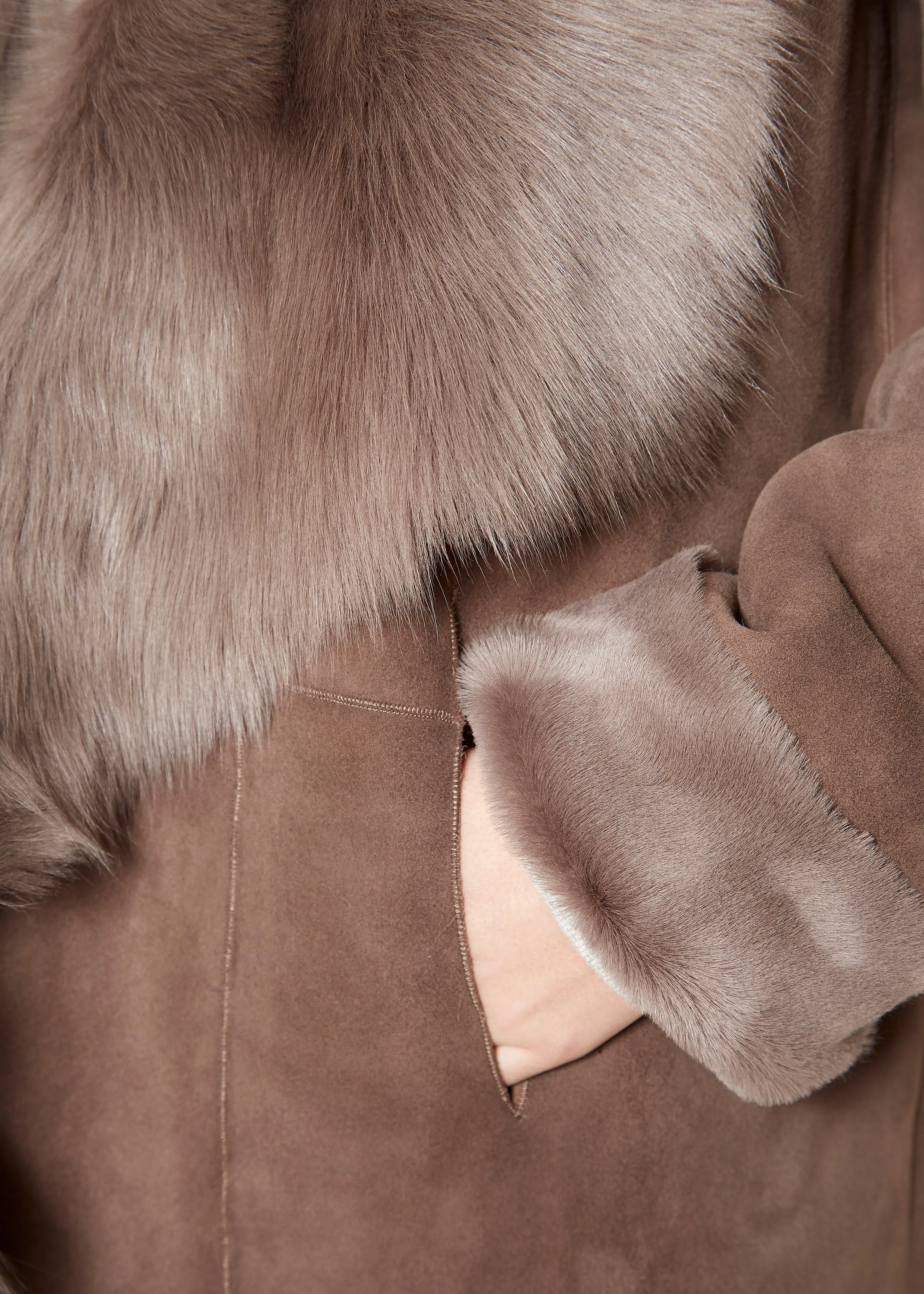 Loose New Taupe Shawl Collar Sheepskin Coat