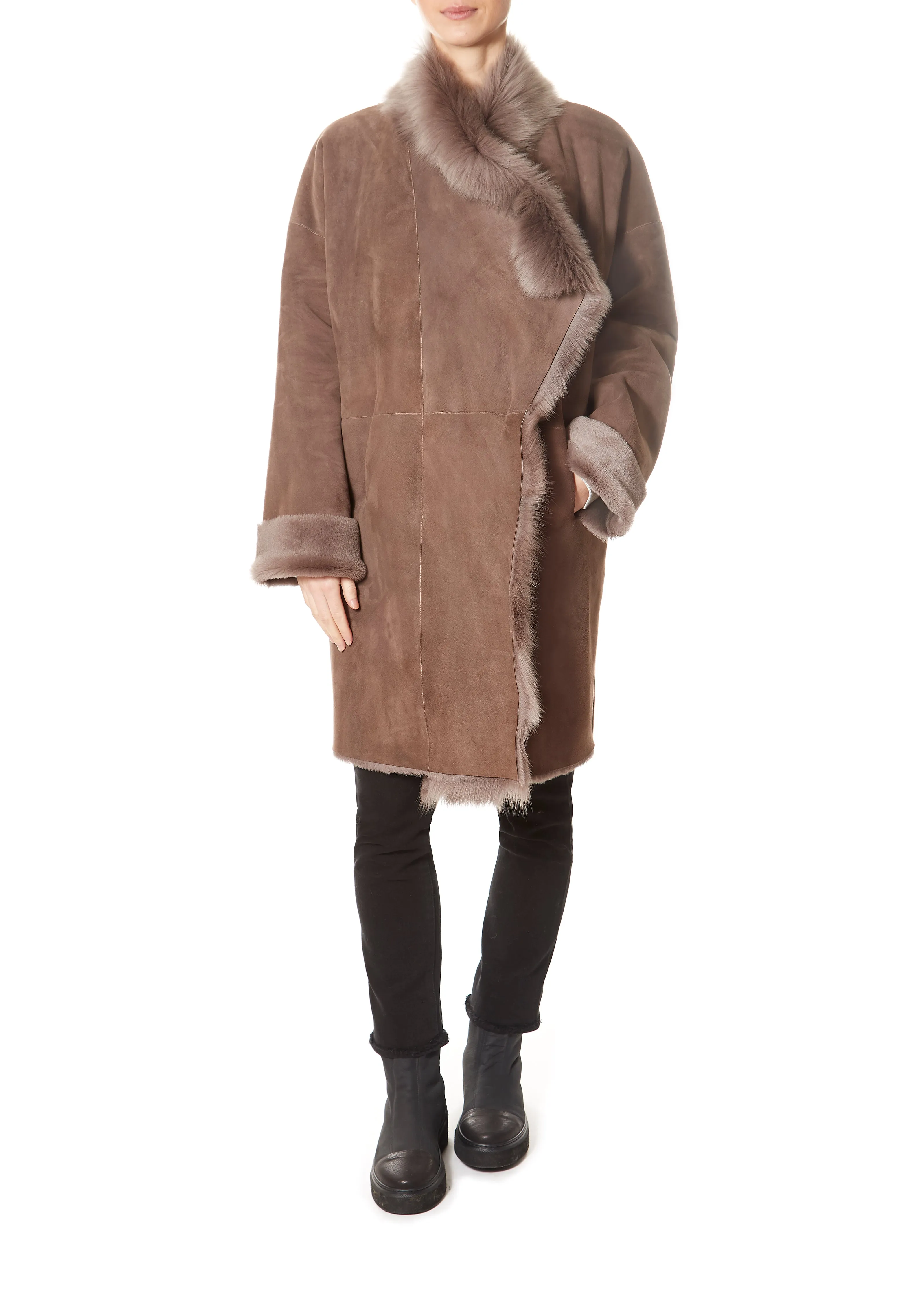 Loose New Taupe Shawl Collar Sheepskin Coat