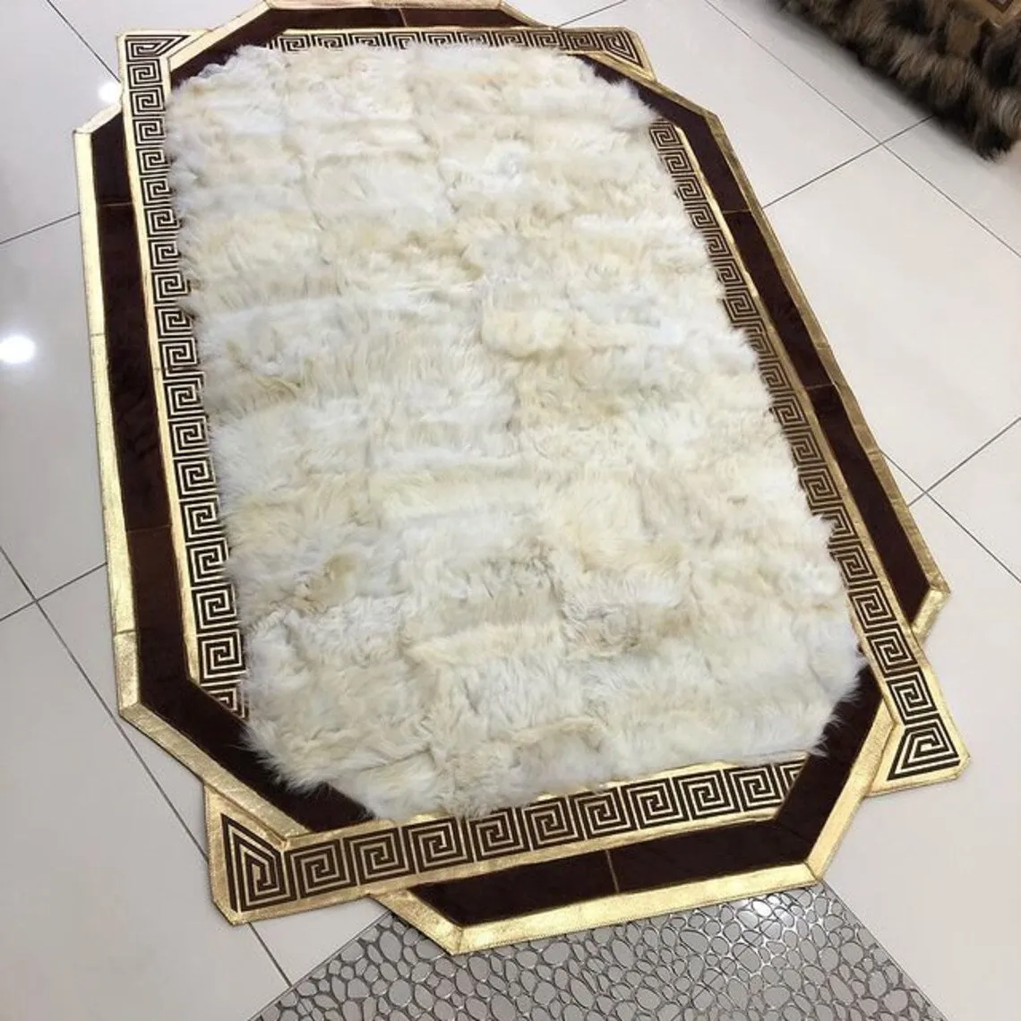 Luxury Real Sheepskin White And Brown Handmade 10x12 Living Room Rug