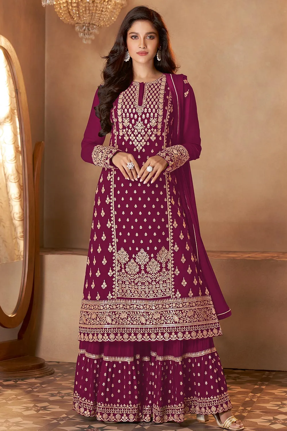 Magenta Straight Cut Georgette Designer Sharara Suit