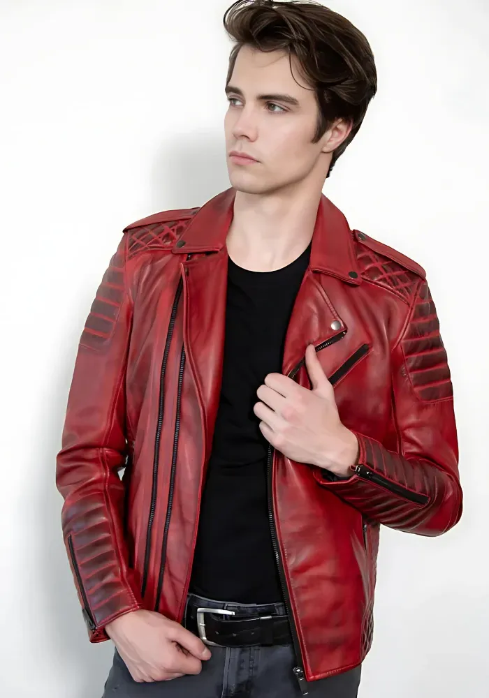 Men Classic Biker Motorcycle Cafe Racer Sheep Leather Jacket