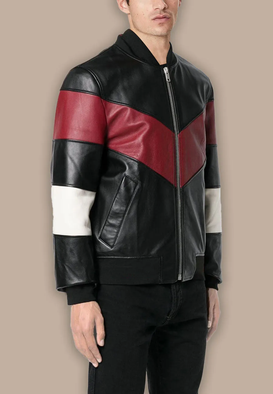 Men's Black Leather Bomber Jacket with Red White Stripes