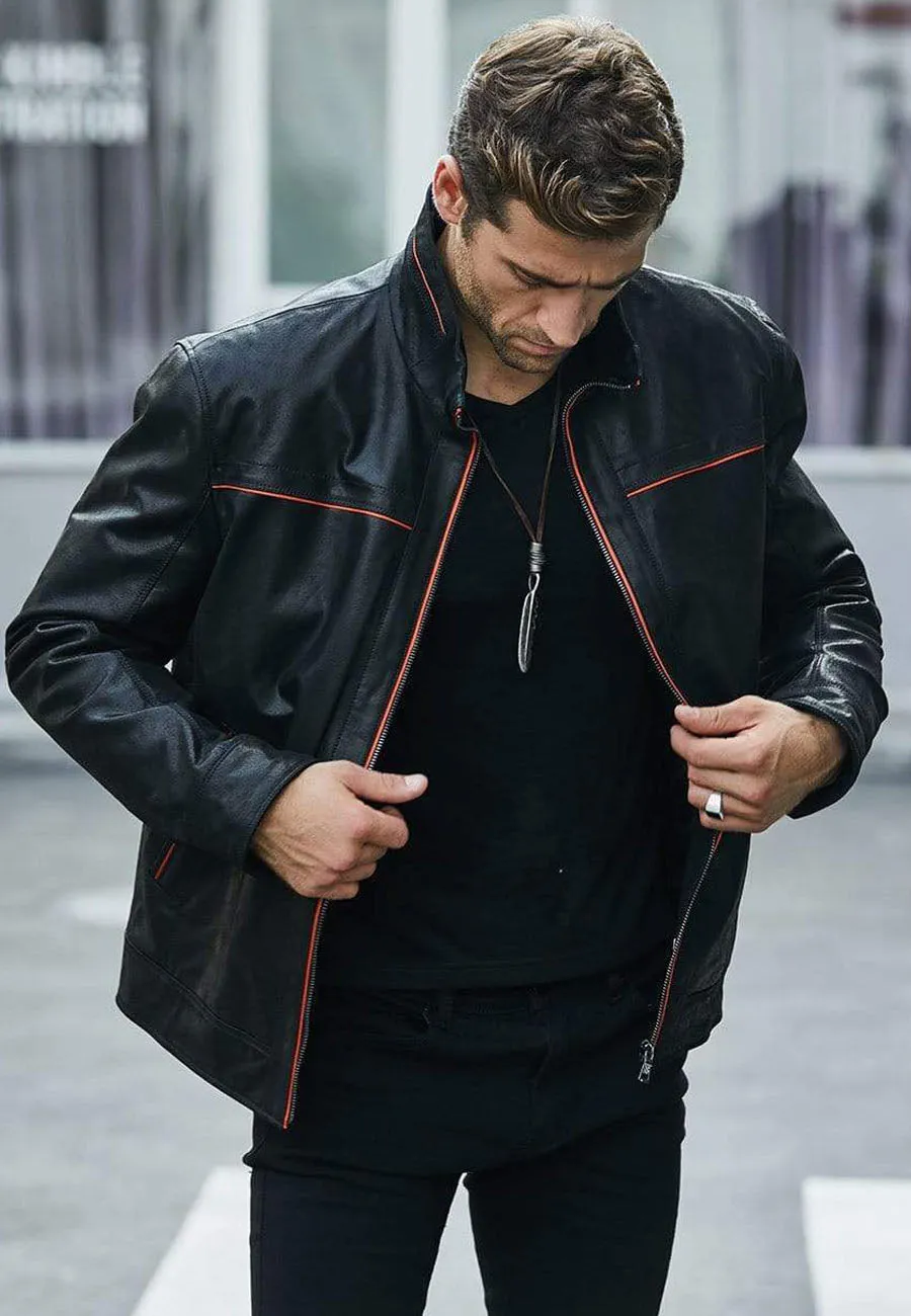 Men's Black Leather Jacket with Red Stripes