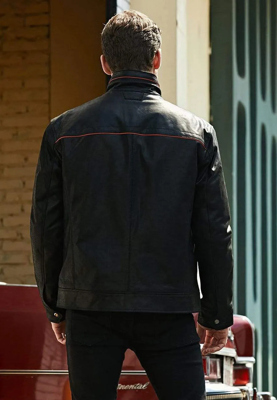 Men's Black Leather Jacket with Red Stripes