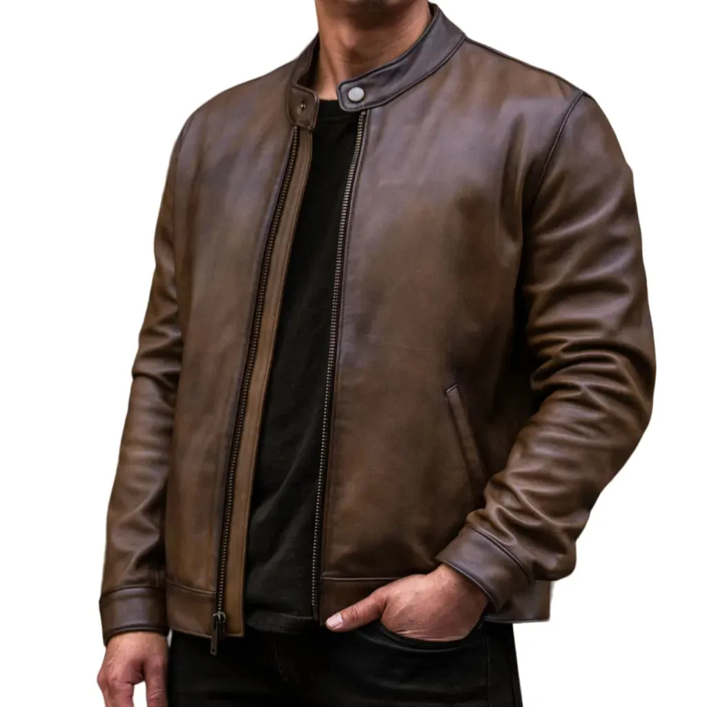 Mens Brown Leather Cafe Racer Jacket