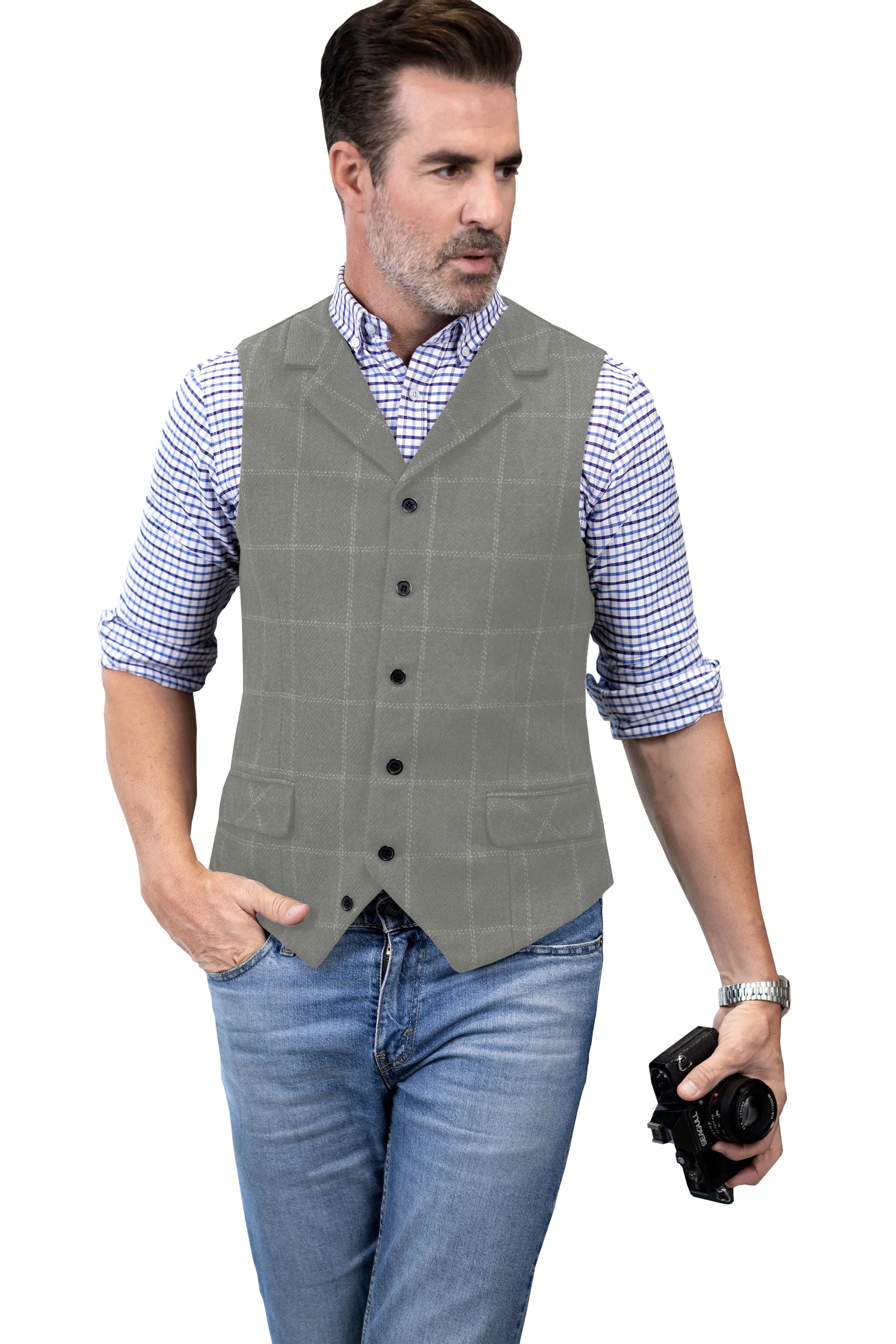 Men's Plaid Single Breasted  Notch Lapel Casual Vest