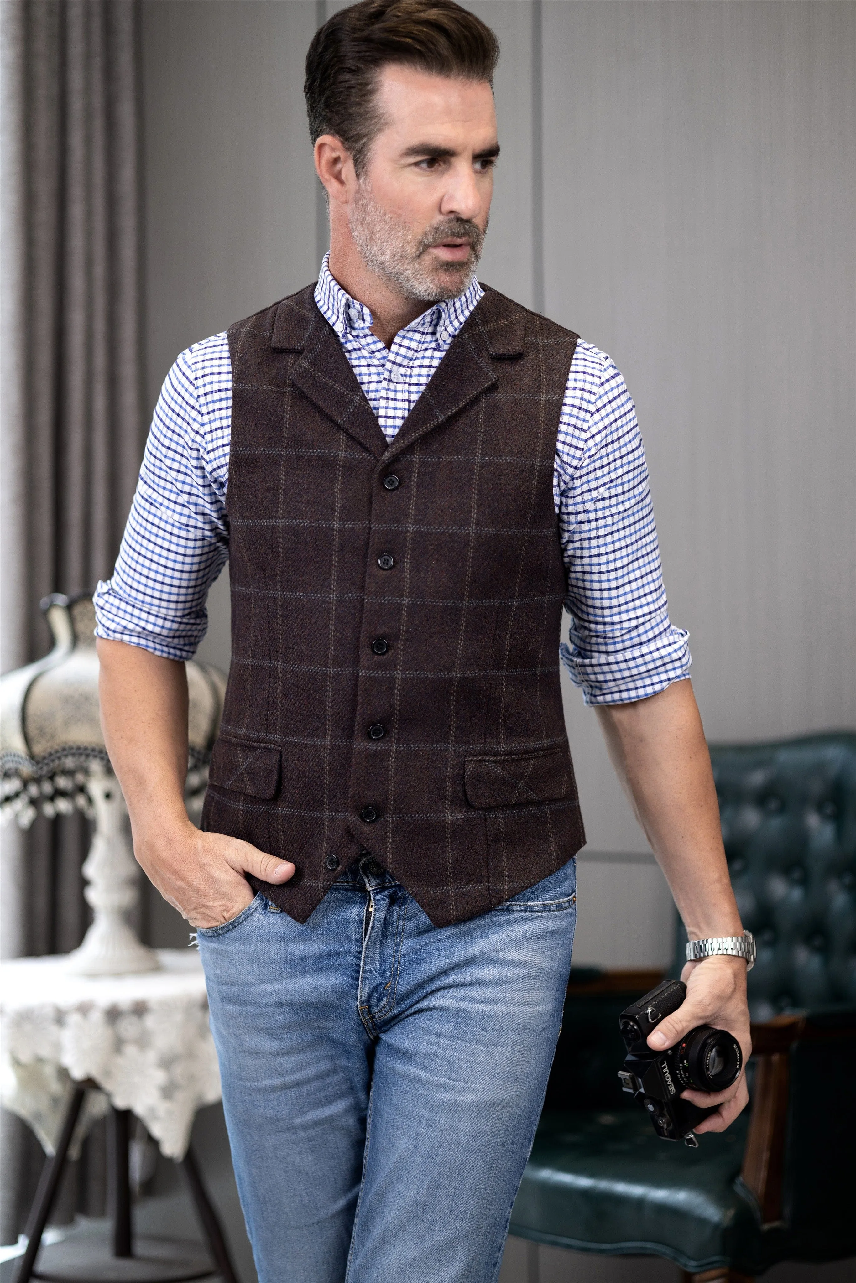 Men's Plaid Single Breasted  Notch Lapel Casual Vest