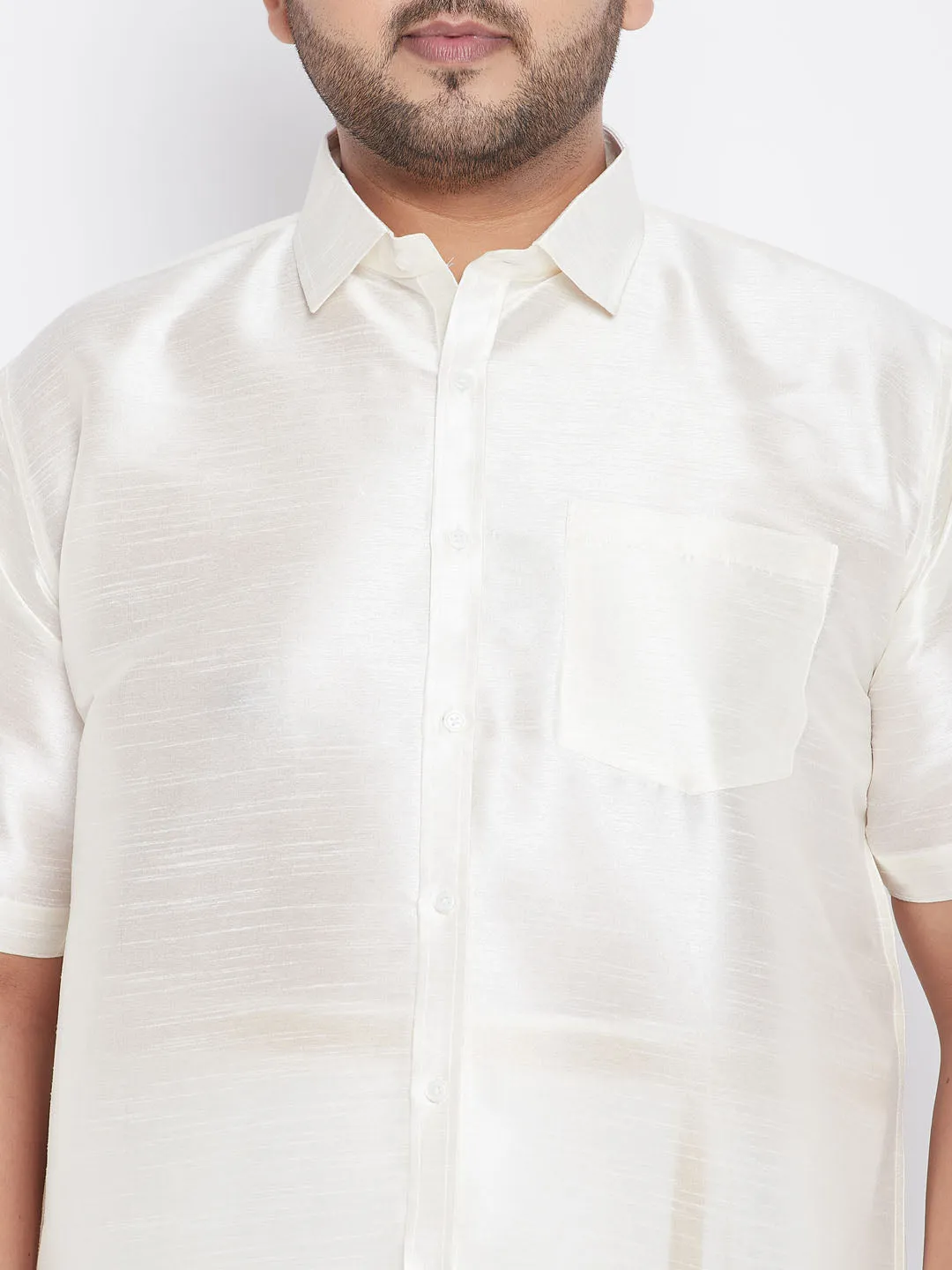 Men's Plus Cream And White Silk Blend Shirt And Mundu Set - Vastramay