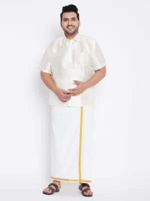 Men's Plus Cream And White Silk Blend Shirt And Mundu Set - Vastramay