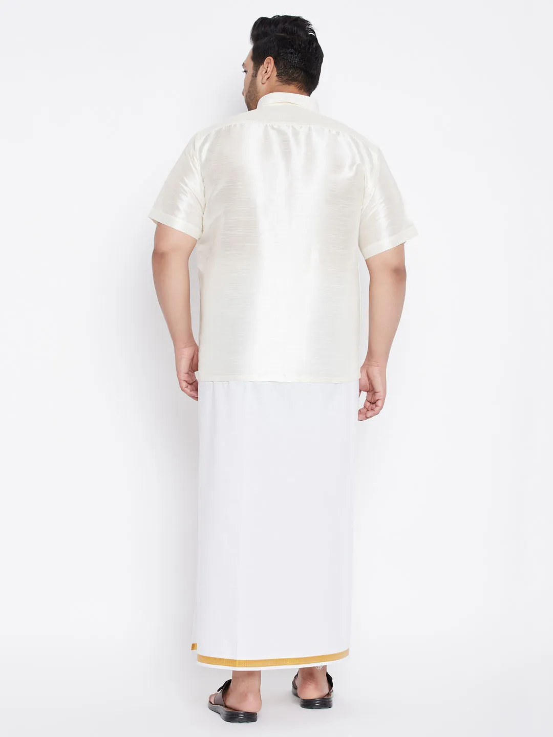 Men's Plus Cream And White Silk Blend Shirt And Mundu Set - Vastramay