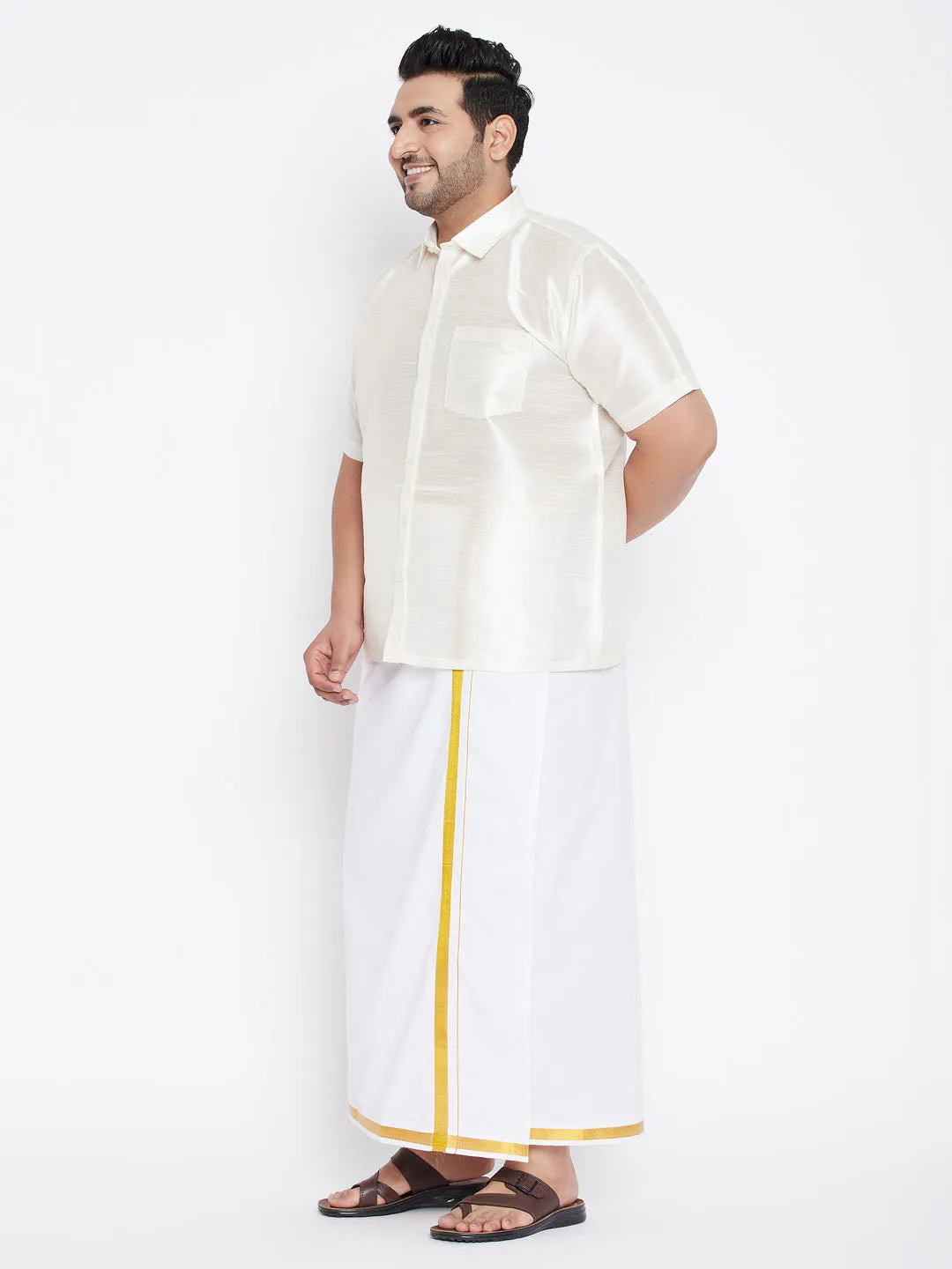 Men's Plus Cream And White Silk Blend Shirt And Mundu Set - Vastramay