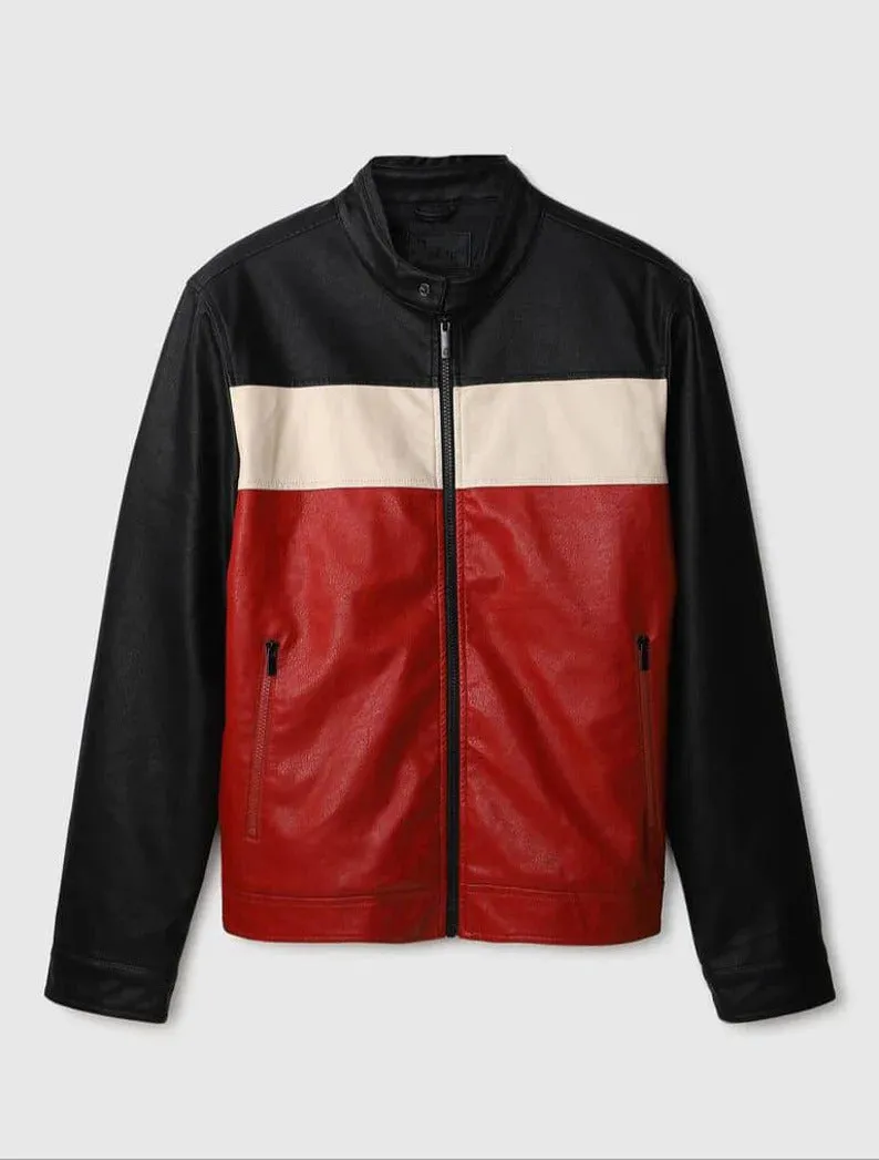 Men's Red, White, and Black Genuine Leather Jacket