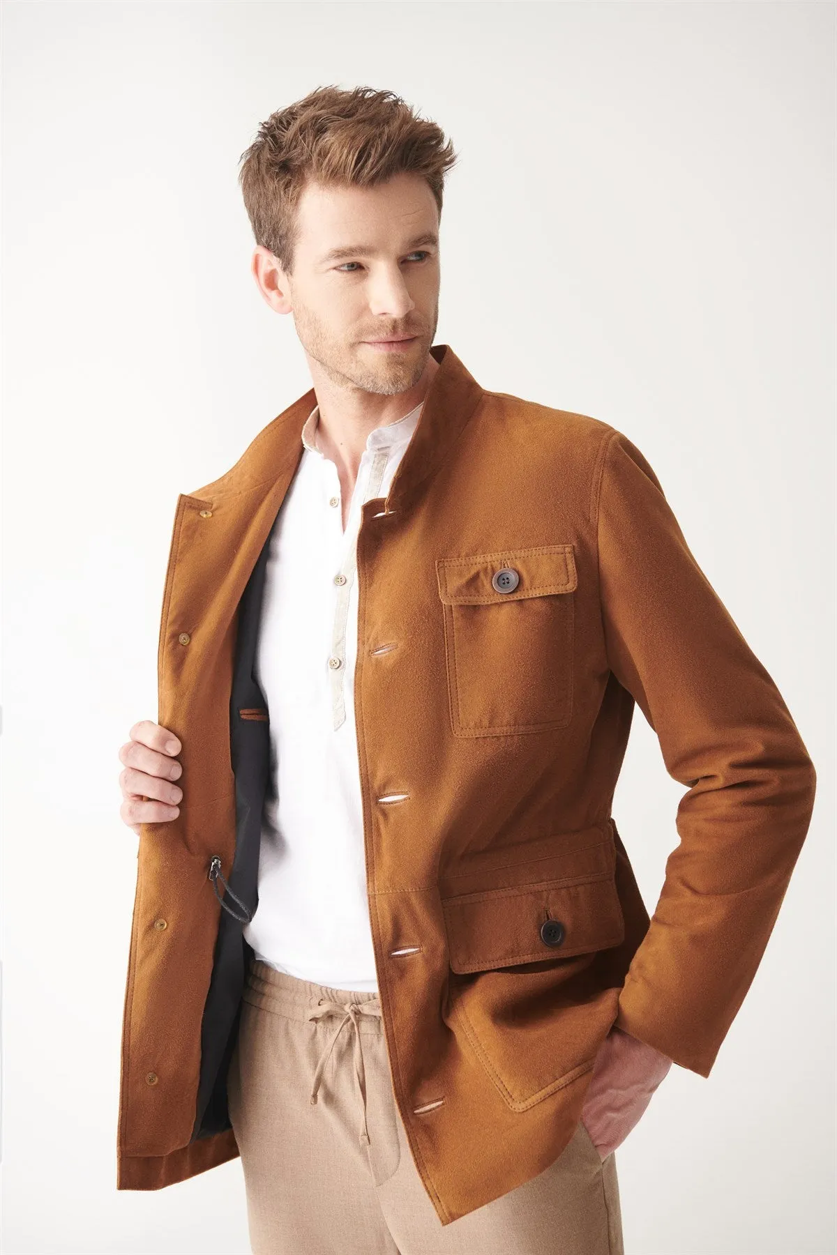 Men’s Tan Brown Suede Leather Trucker Coat