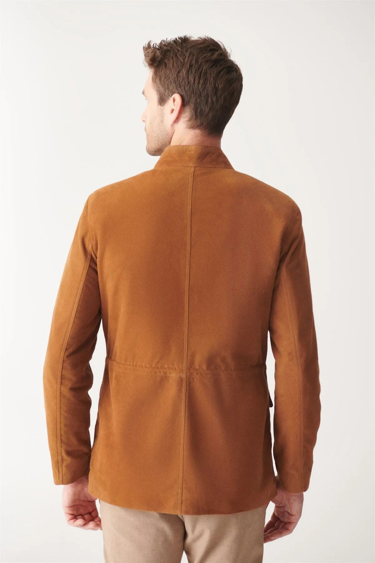 Men’s Tan Brown Suede Leather Trucker Coat