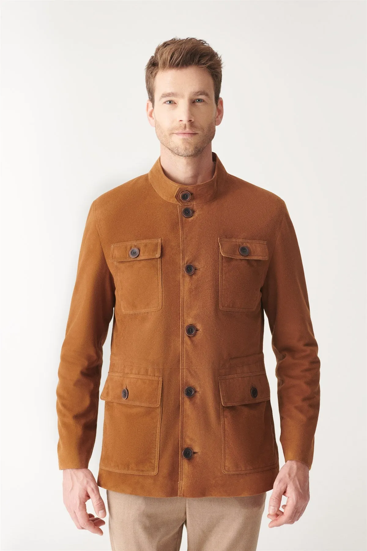 Men’s Tan Brown Suede Leather Trucker Coat